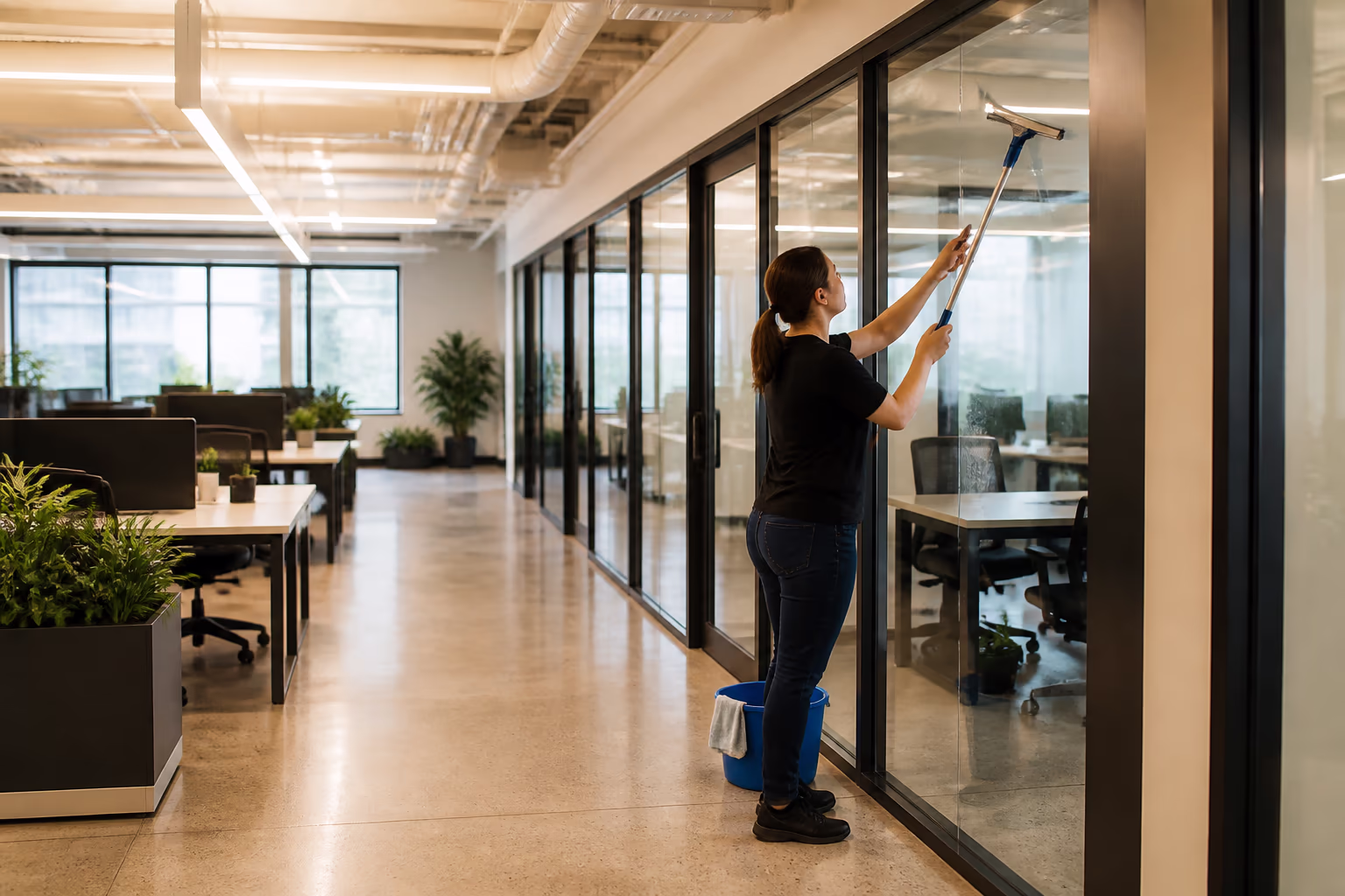 An airy, freshly cleaned Ottawa office open-plan area with cleared desks, streak-free glass, dusted surfaces and a polished floor, capturing the professional presentation that a consistent office cleaning routine delivers before the team arrives.