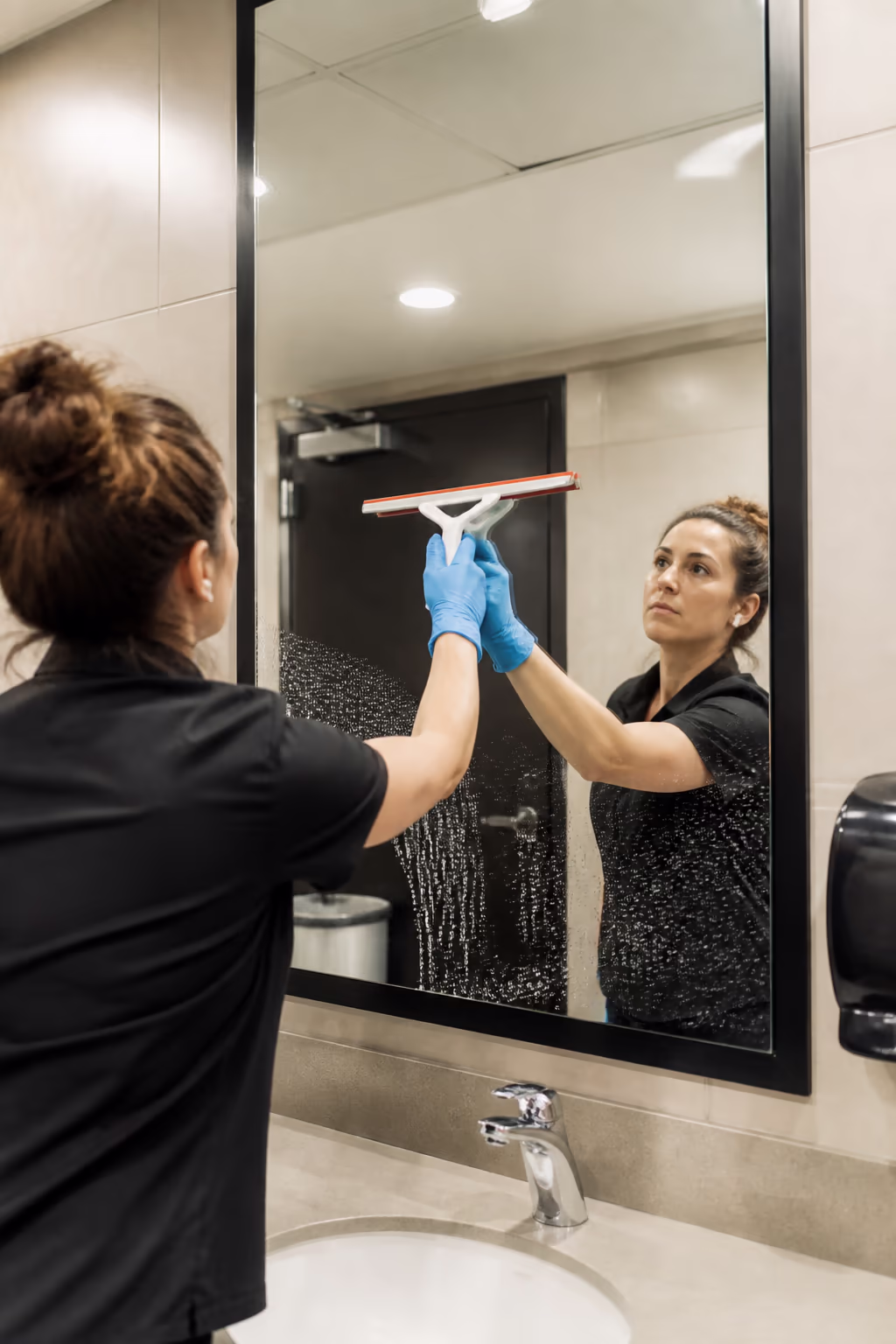 A portrait of a bright, freshly cleaned Ottawa office washroom with polished taps, a streak-free mirror and clean fixtures, capturing the standard that keeps a workplace feeling professional.