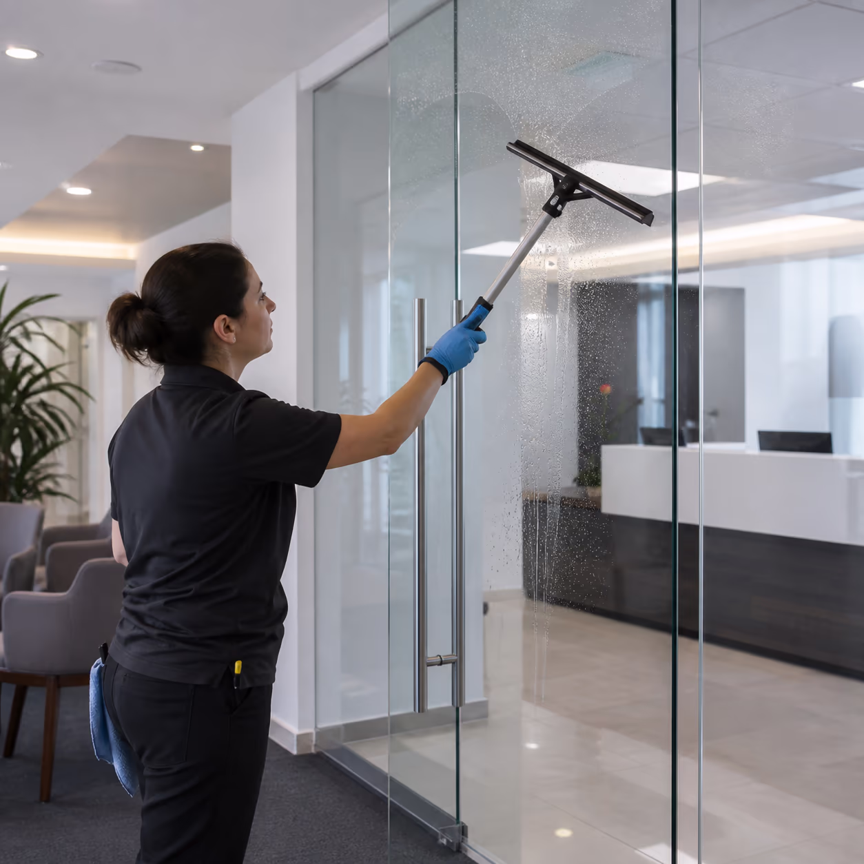A square view of a spotless Ottawa office reception area with a polished floor, streak-free glass front and dusted high-touch surfaces, capturing the first impression a maintained workspace makes on clients and visitors.