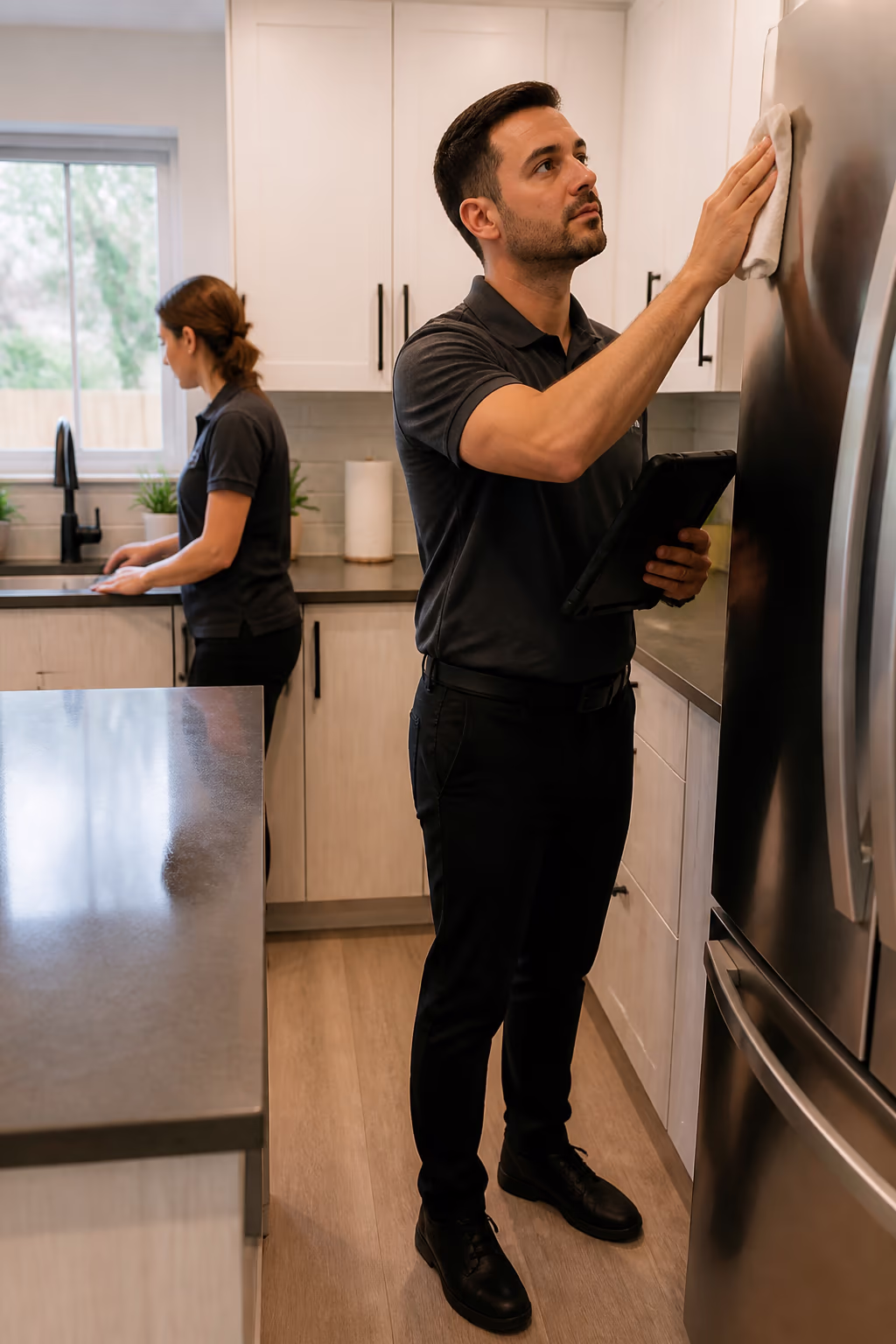 A portrait of a cleaning technician doing a final walkthrough of a freshly cleaned Ottawa office kitchen, checking counters, the sink and the fridge before the team returns.