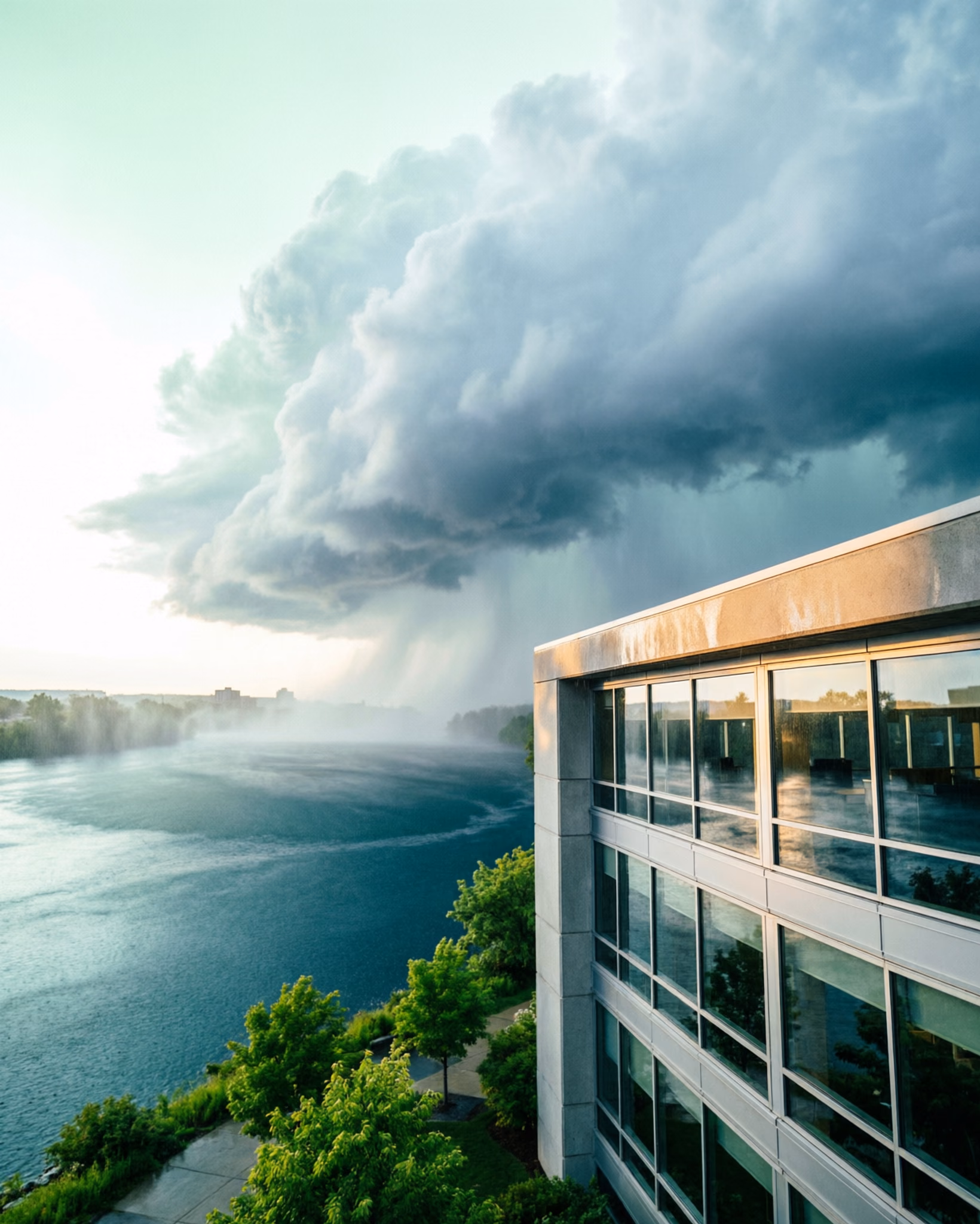 A wide view of a heavy storm front building over the Ottawa River with dark clouds and sheets of rain, capturing the severe weather season that brings downpours, wind and lightning.
