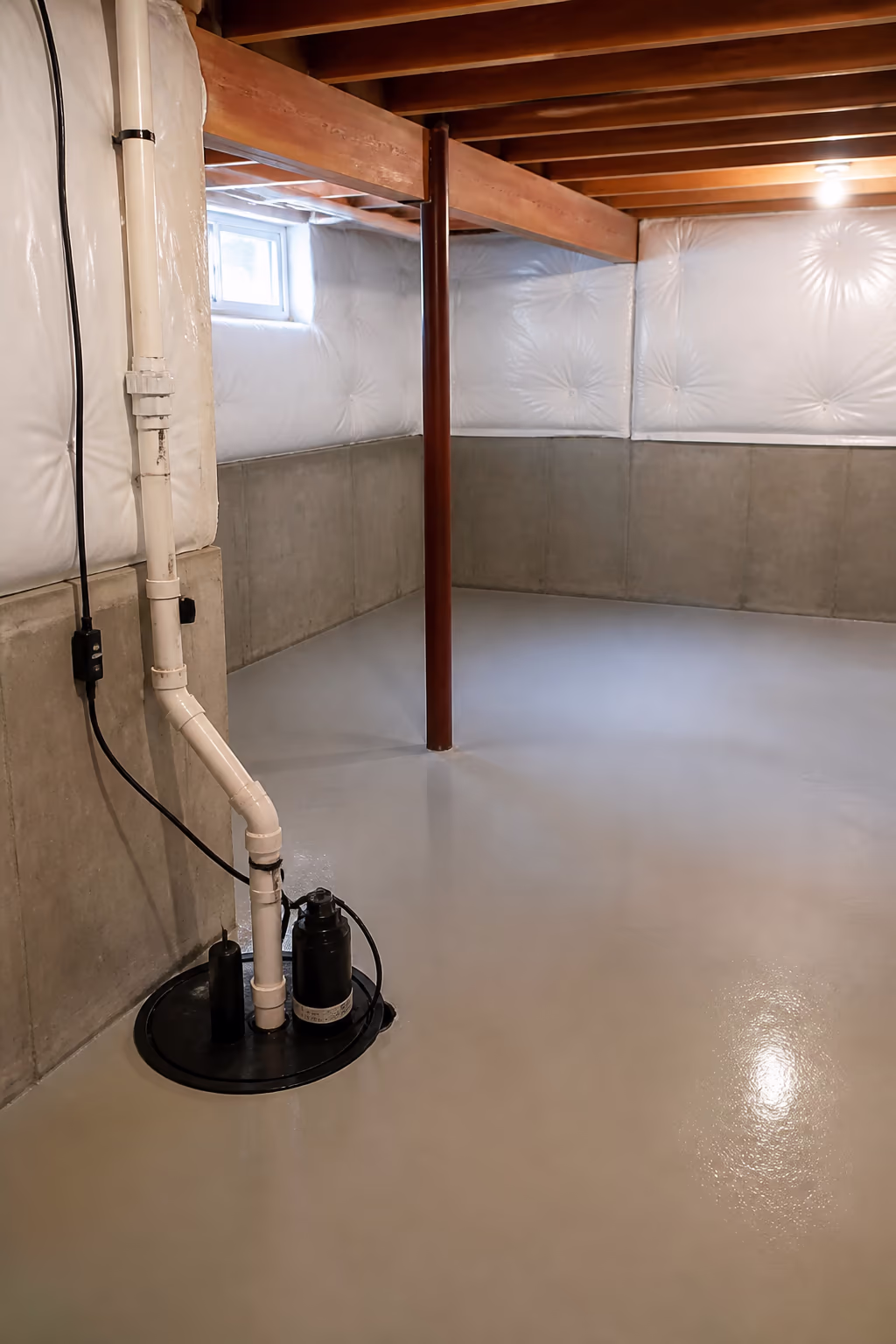 A portrait of a dry, freshly cleaned residential Ottawa basement with a working sump pump and cleared floor, capturing the flood-readiness that keeps a home safe through heavy rain.