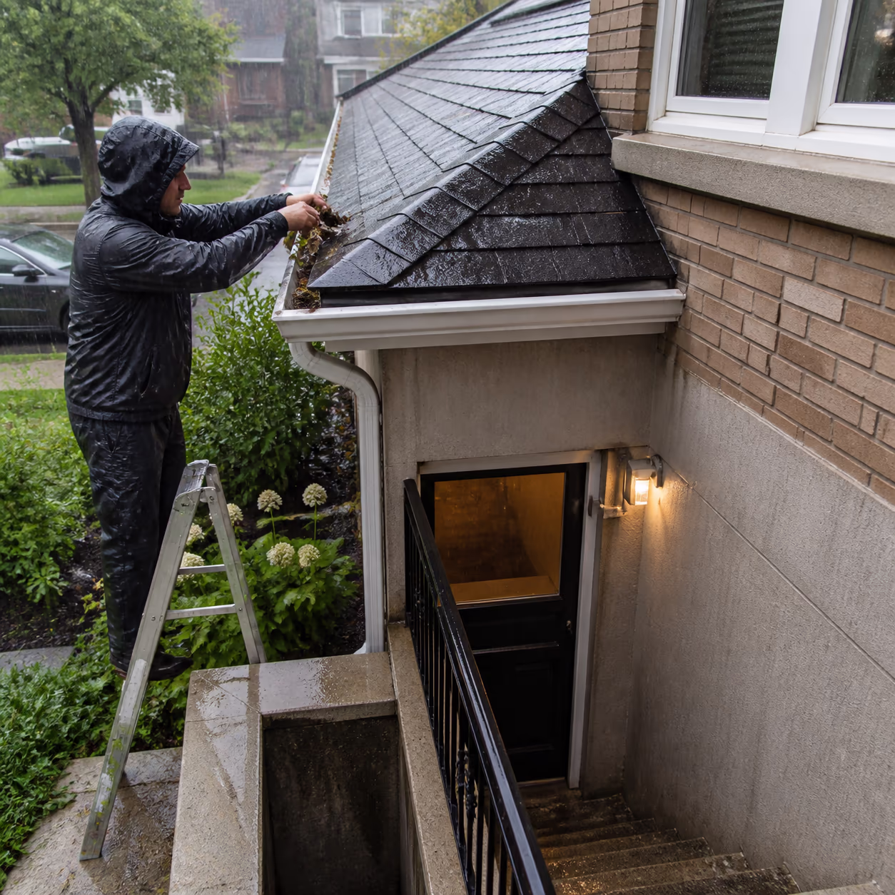 A square view of a residential Ottawa home in heavy rain with cleared gutters and a dry basement entry, capturing the preparation that keeps storm water outside.