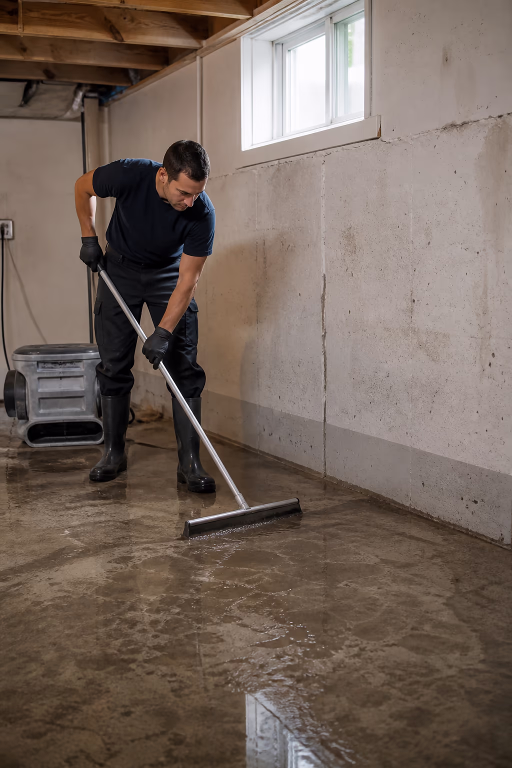 A portrait of a cleaning technician drying and disinfecting a residential Ottawa basement after a storm, checking the walls and floor for moisture.