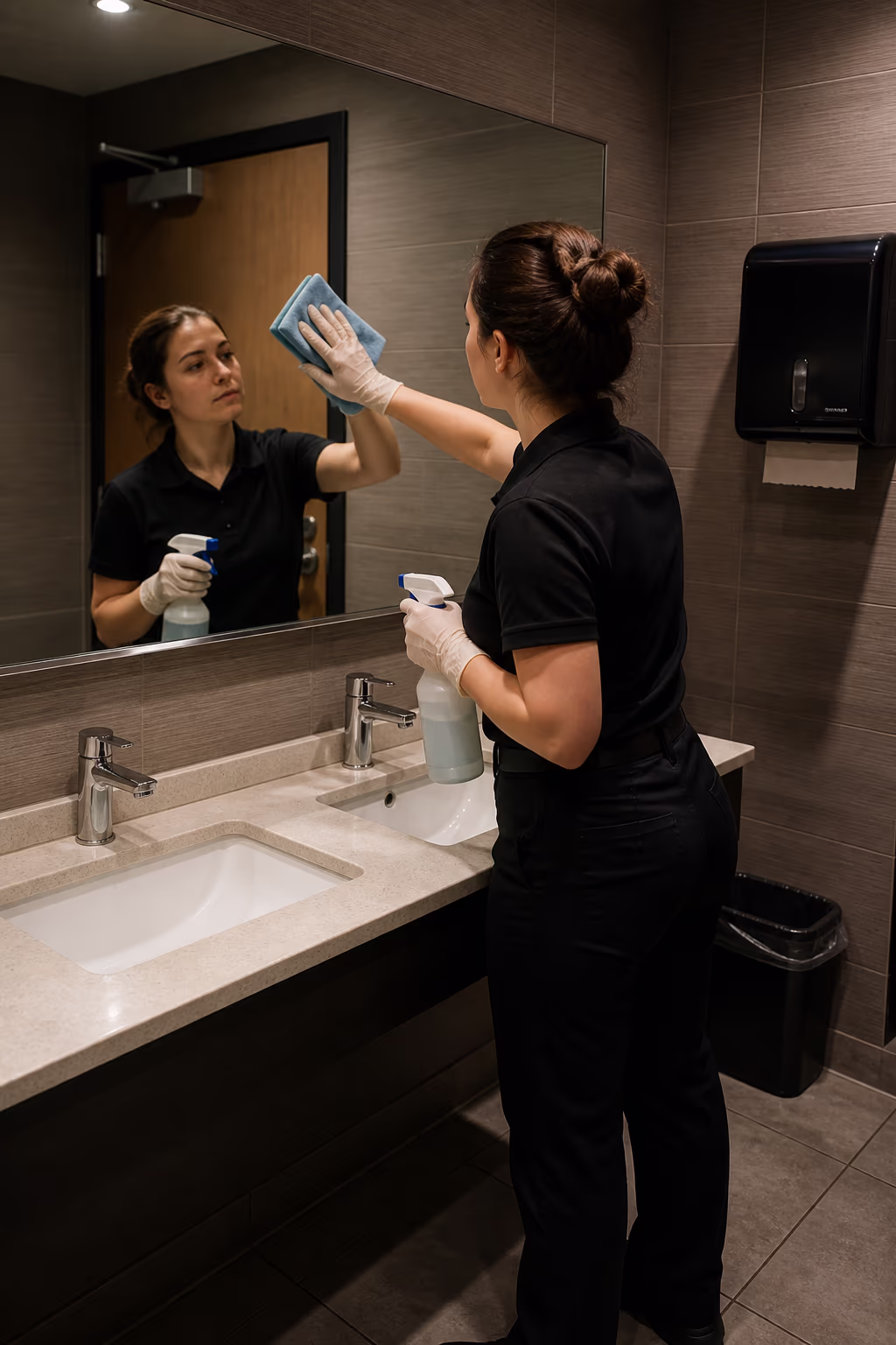 A portrait of a clean, fresh-smelling restaurant washroom in Ottawa with polished taps, a spotless mirror and tidy dispensers, capturing the standard that tells guests the whole operation is well run.