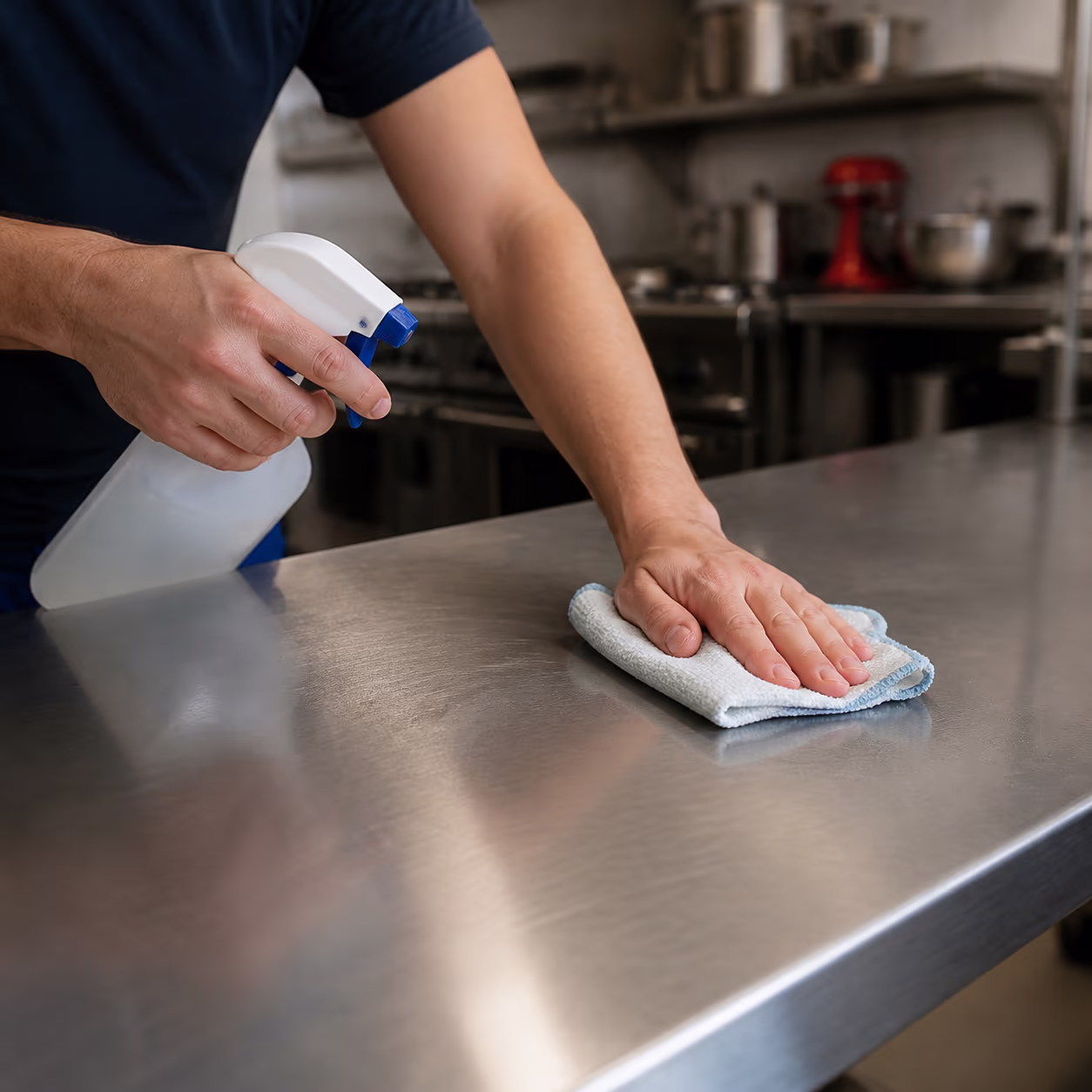 A close view of a stainless steel prep table in an Ottawa restaurant kitchen being wiped down with a fresh cloth and food-safe sanitising spray, capturing the daily cleaning that keeps food-contact surfaces safe.