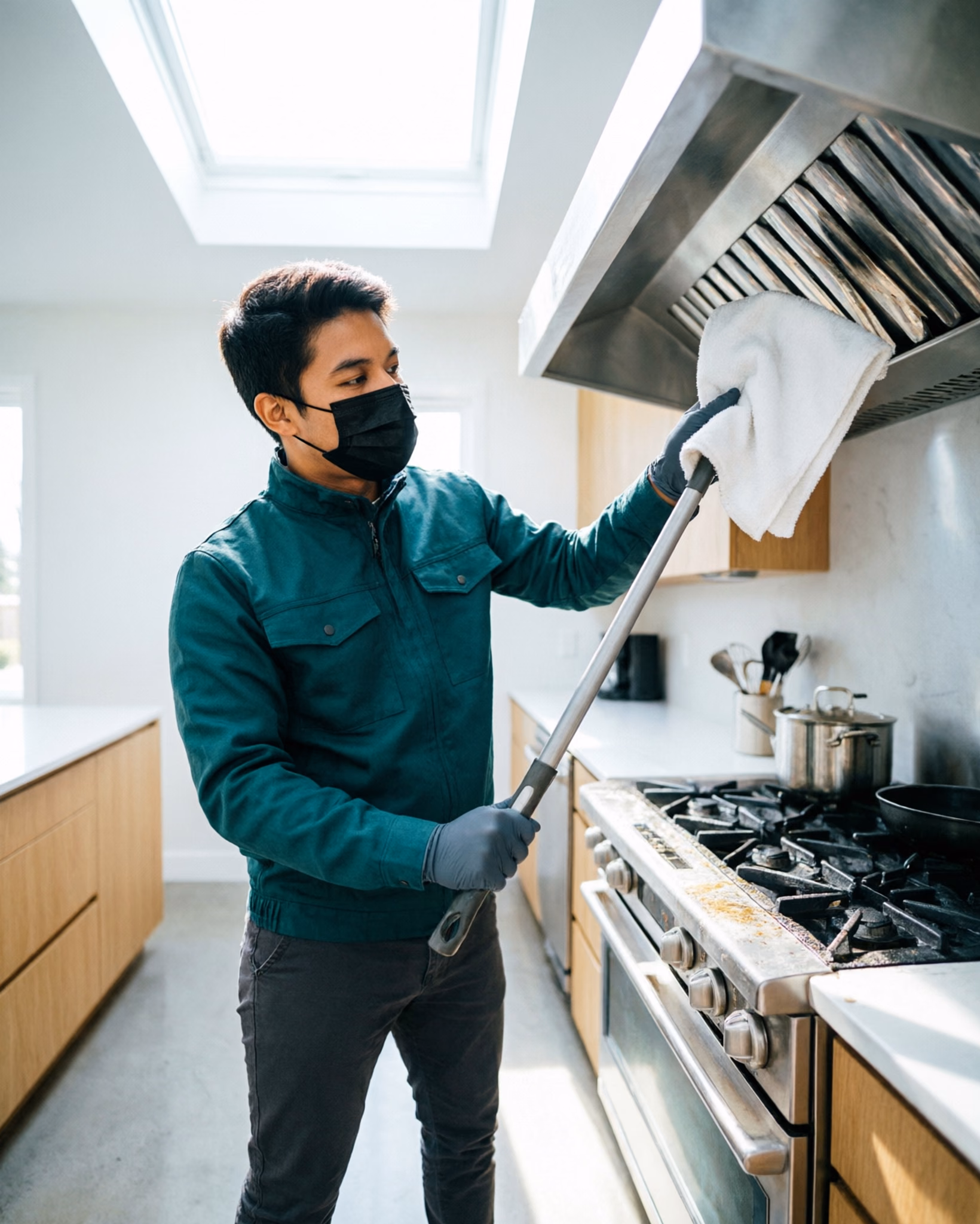 A portrait of a cleaning technician deep-cleaning a restaurant range hood and kitchen vent in Ottawa, reaching the grease that a daily crew cannot fit into a service week.