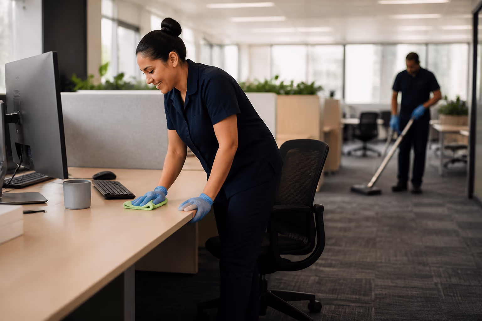 A professional commercial cleaning crew in matching uniforms working together in a bright open-plan office in Ottawa, capturing the consistent, documented standard that keeps a workplace ready for every workday.