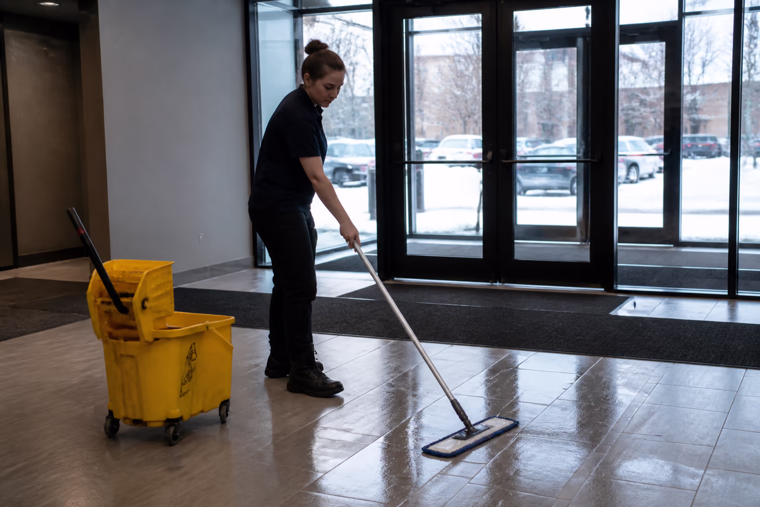 A wide view of a commercial office entry in Ottawa in winter with mats laid at the door and a mop bucket beside freshly mopped tile, capturing the seasonal schedule that keeps salt and slush from etching floors.