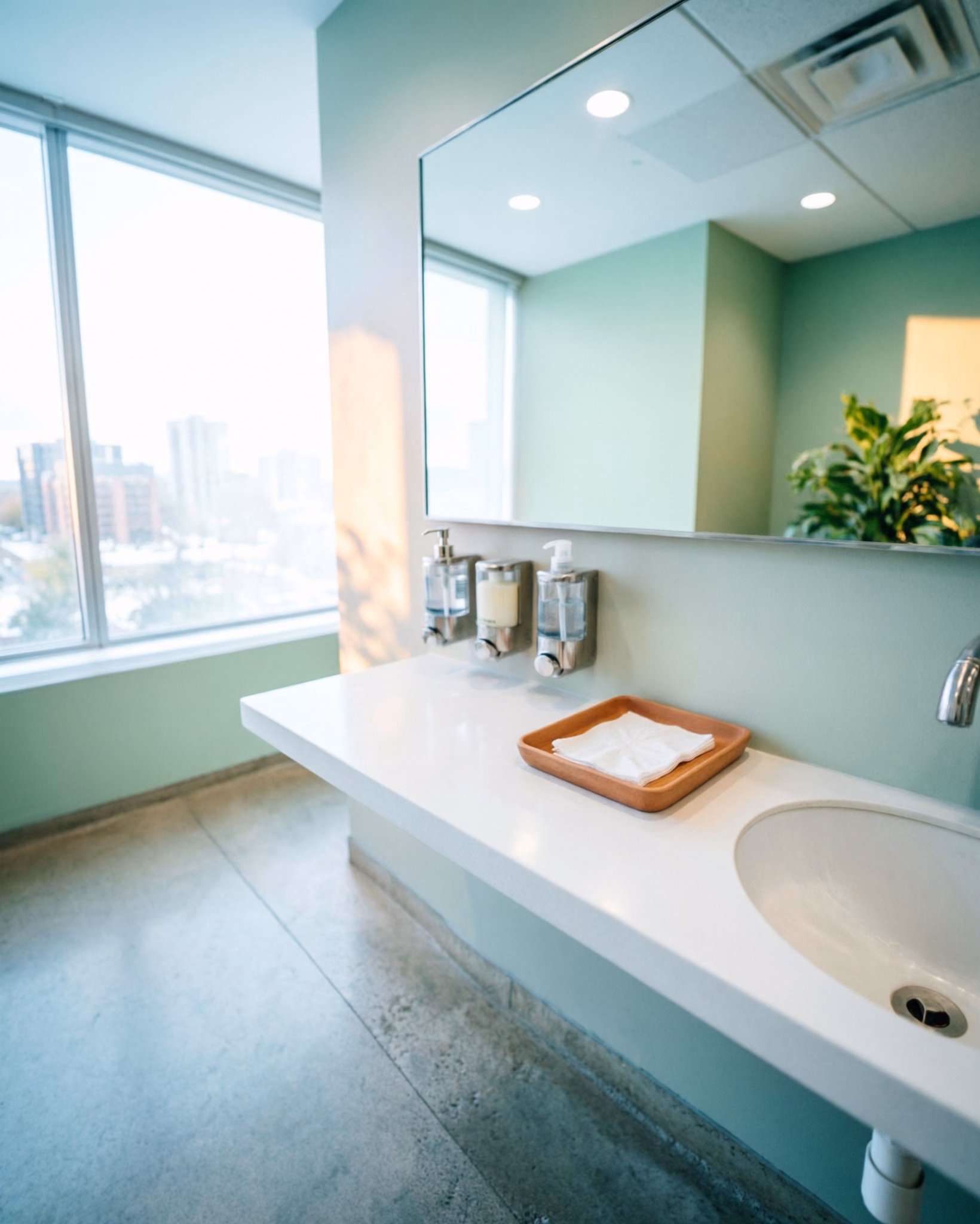 A portrait of a tidy Ottawa office washroom with stocked dispensers, clean mirrors and a wiped counter, capturing the daily high-touch sanitising standard a professional commercial program keeps.