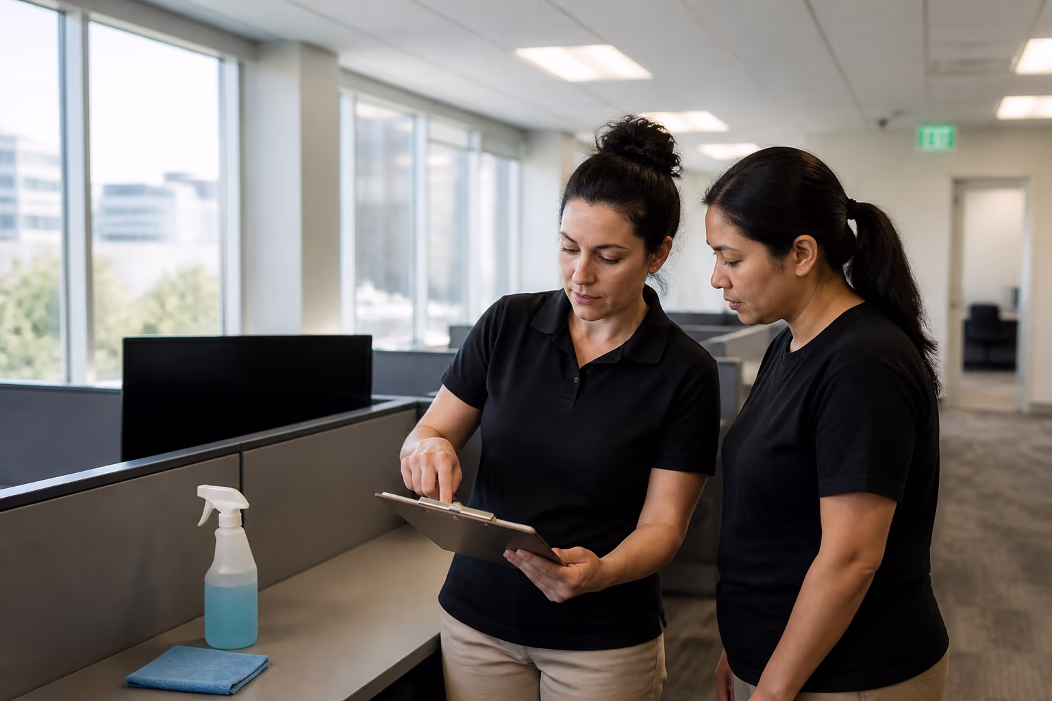 A portrait of a cleaning technician checking a written cleaning scope on a clipboard beside a workstation in a bright Ottawa office, capturing the supervisor-checked standard that keeps the level flat between visits.
