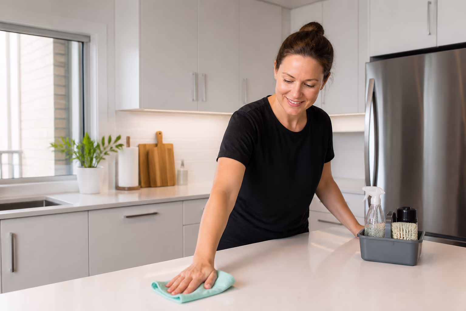 A cleaner holding a supply caddy beside a tidy, decluttered Ottawa kitchen counter where every daily item has a clear home, capturing the habit-driven order that keeps a home easier to clean and calmer to live in.