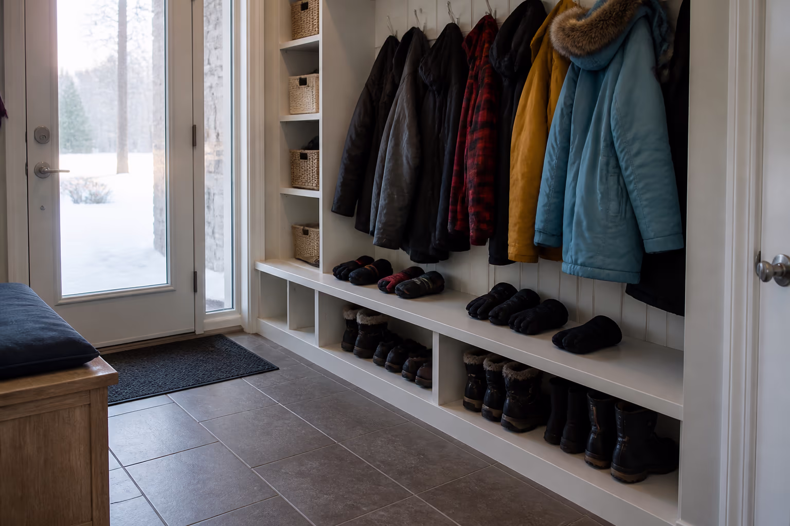 A wide view of an Ottawa home entryway in winter with boots, coats and gloves in their designated spots and a clear walkway, capturing the seasonal habit that keeps salt and slush from travelling through the whole house.