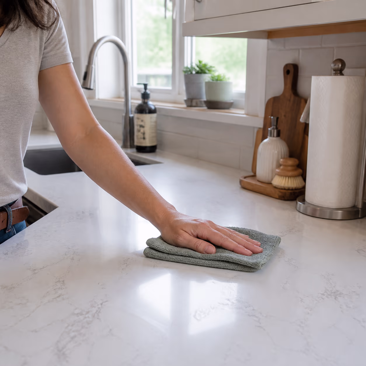 A close view of a bright Ottawa kitchen counter after a decluttering pass with only the daily-use items in their labelled places and a clean wipe-down surface, capturing the habit-driven order that keeps a home easier to clean.
