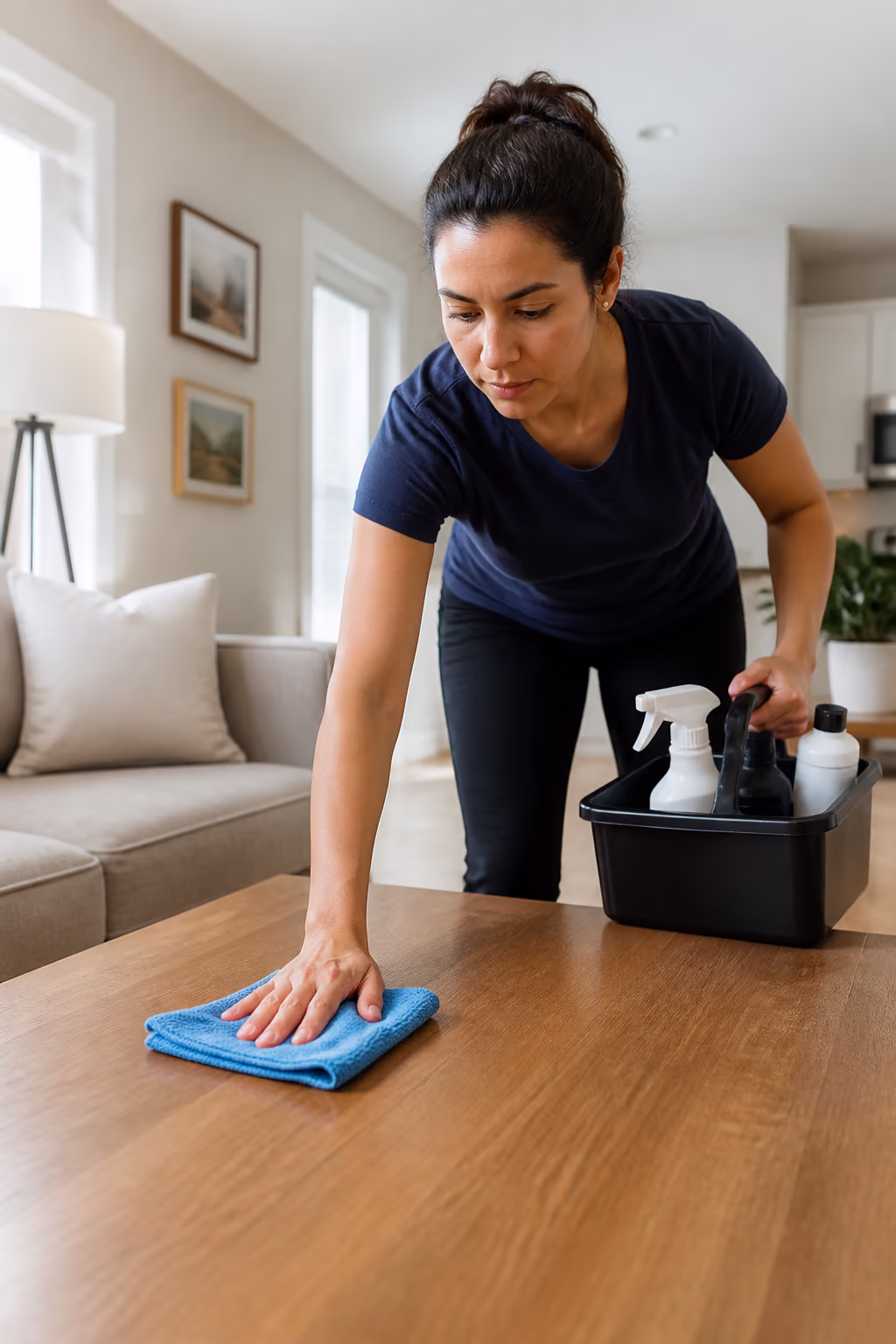 A portrait of a cleaning technician resetting a tidy living room with a microfibre cloth and a caddy of certified low-fume products, capturing the professional deep clean that follows a successful decluttering pass.