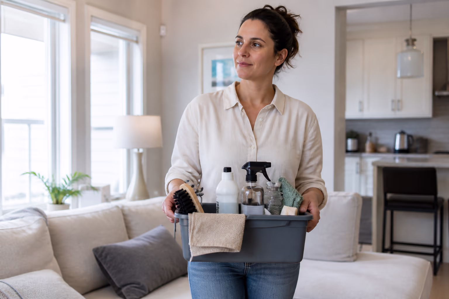 A residential cleaner in a bright Ottawa home holding a caddy of cleaning supplies, capturing the modest, well-stocked kit that keeps everyday cleaning fast, safe and manageable.