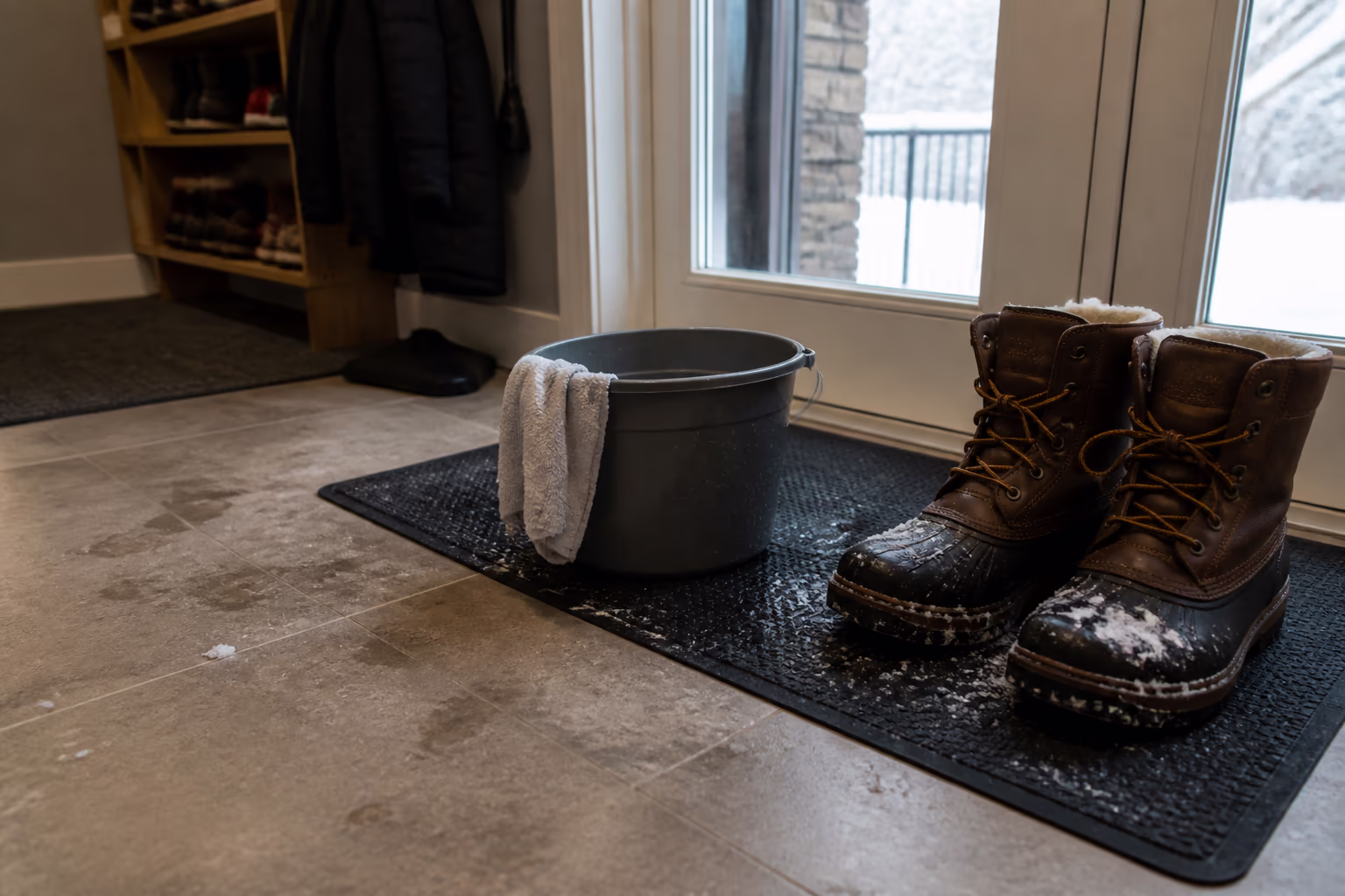 A wide view of an Ottawa home entryway in winter with a non-slip mat, salt-scarred boots and a small bucket and cloth waiting by the door, capturing the seasonal supplies that handle the salt and slush of a Canadian winter.