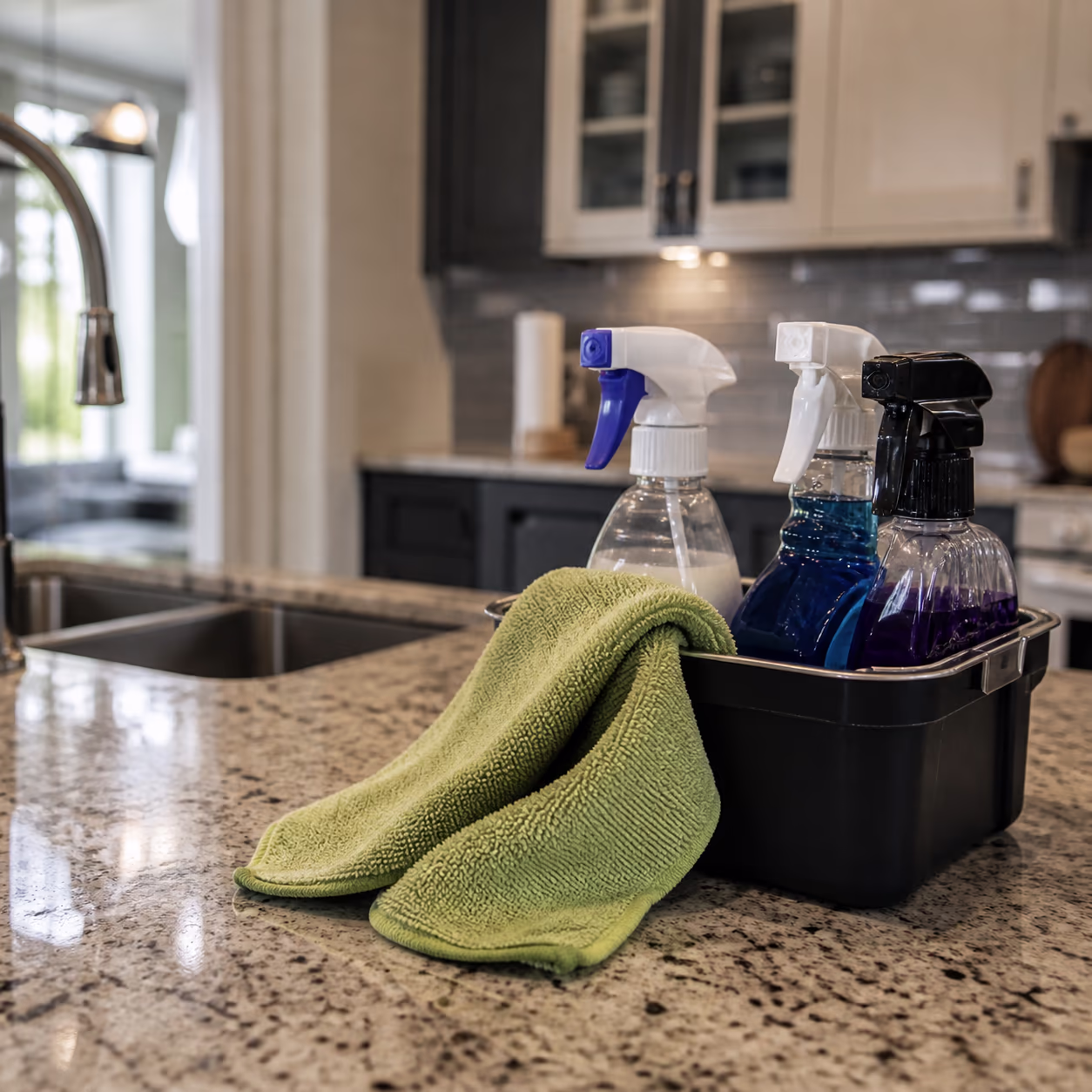 A close view of a microfibre cloth and a small caddy of all-purpose cleaner, glass cleaner and a degreaser beside a freshly wiped counter in an Ottawa home, capturing the modest, well-chosen kit that covers daily life.
