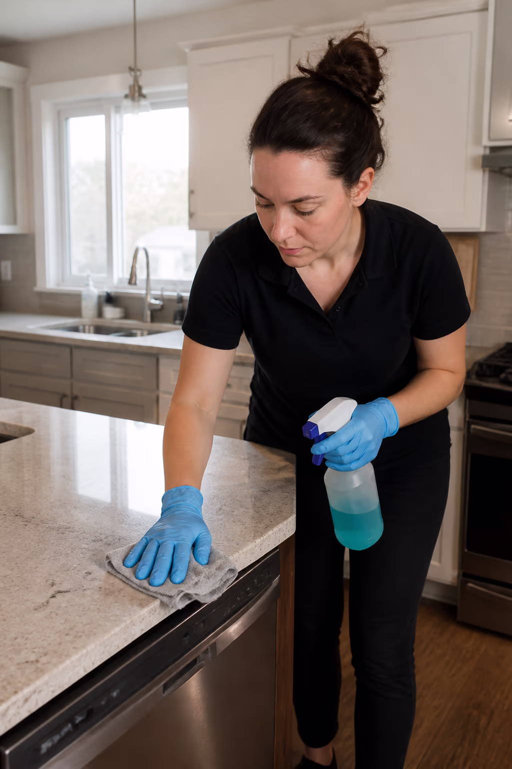 A portrait of a residential cleaner deep-cleaning a bright Ottawa kitchen, capturing the trained, background-checked team that steps in when a deep clean is beyond a home kit.