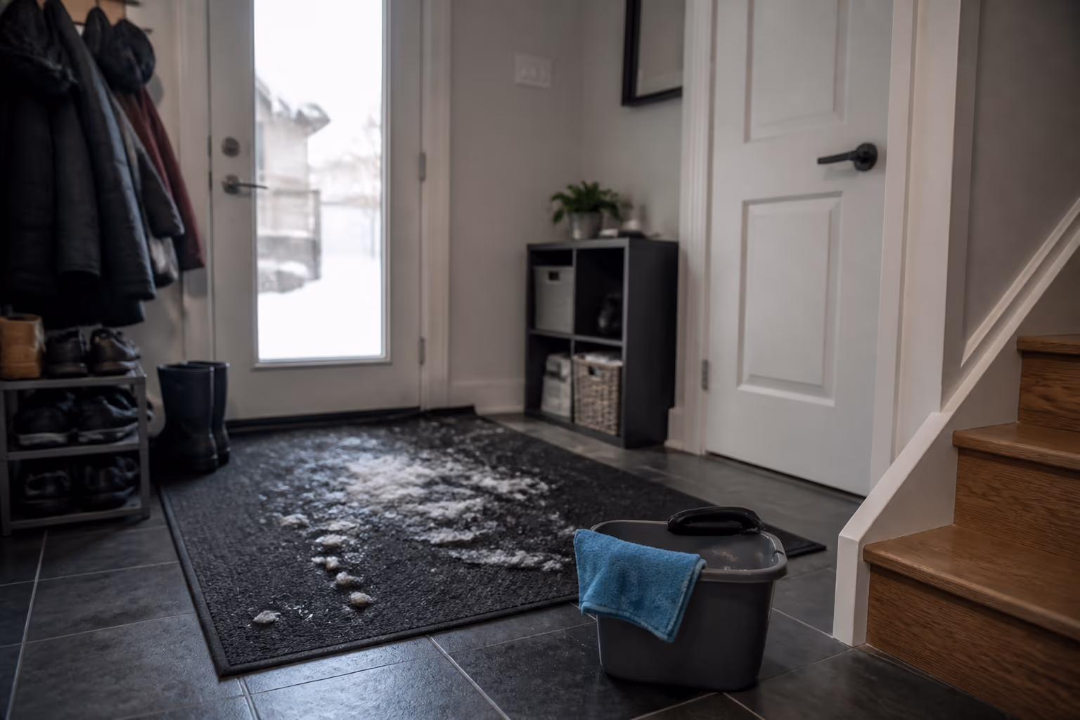 A wide view of an Ottawa home entryway in winter with a non-slip mat and a small bucket and cloth waiting by the door, capturing the entryway and utility zones where a hydrogen peroxide wipe-down earns its keep and the salt that needs a different plan.