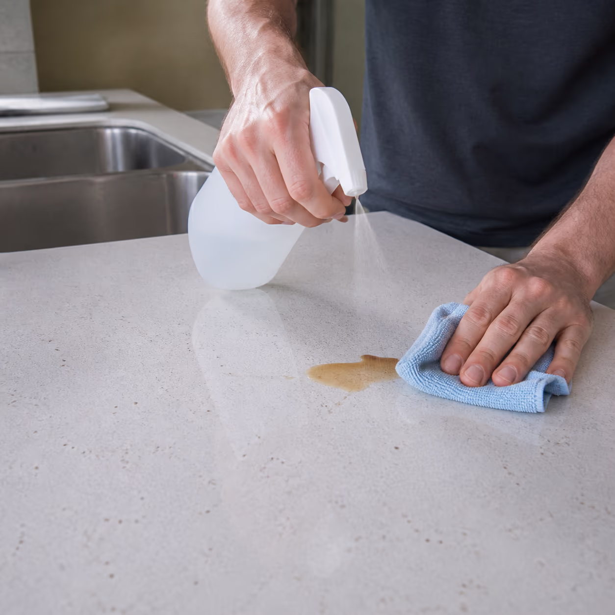 A close view of gloved hands spraying a three percent hydrogen peroxide solution onto a stained kitchen counter and wiping it with a microfibre cloth, capturing the mild oxidizer at work lifting a light stain.