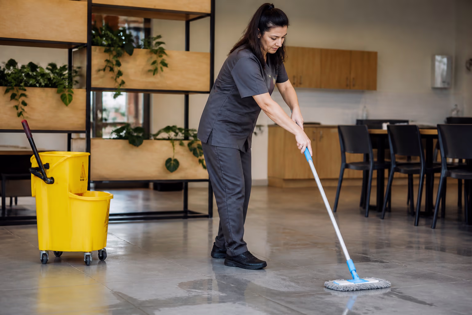 Three janitors in matching uniforms in a bright office, capturing the trained, documented team that keeps a building's routine conditions presentable from one day to the next.