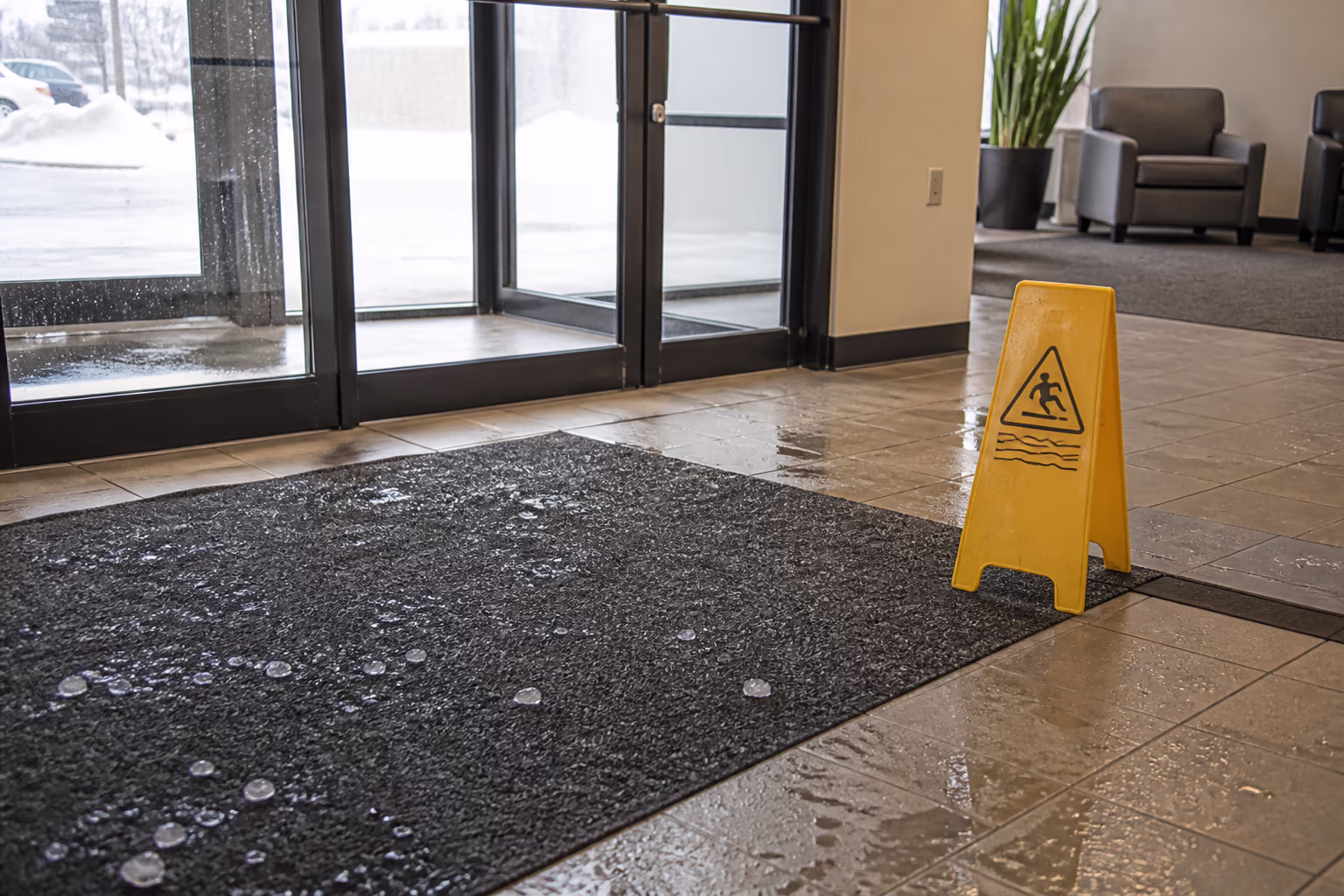 A wide view of an Ottawa office entrance in winter with a heavy mat and a caution sign, capturing the salt, slush and moisture tracked in by every visitor and the daily attention entrances need.