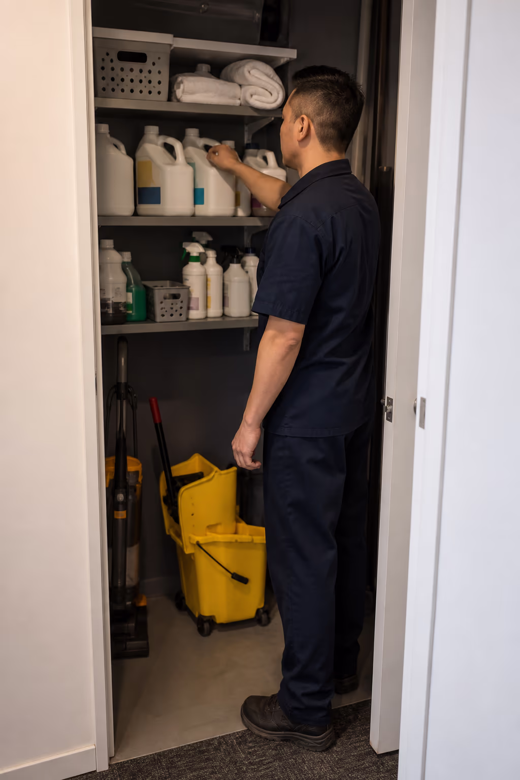 A portrait of a tidy office supply closet with labelled cleaning products stored out of reach and organised equipment, capturing the safe, disciplined way a professional janitorial service stores and handles chemicals.