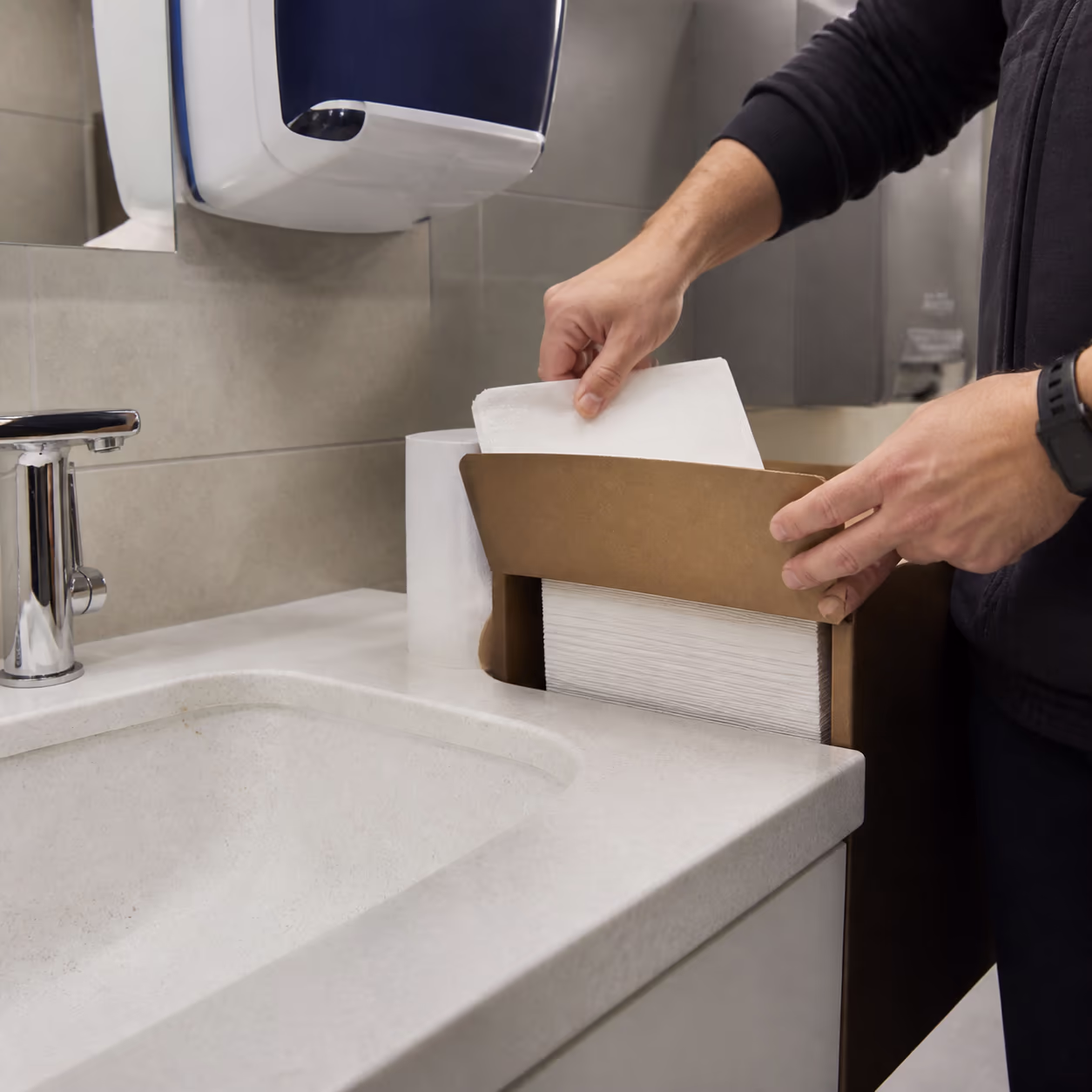 A close view of a janitor's hand restocking paper towels and soap in a bright office washroom, capturing the daily routine conditions people walk into: floors, supplies, and surfaces that look cared for.