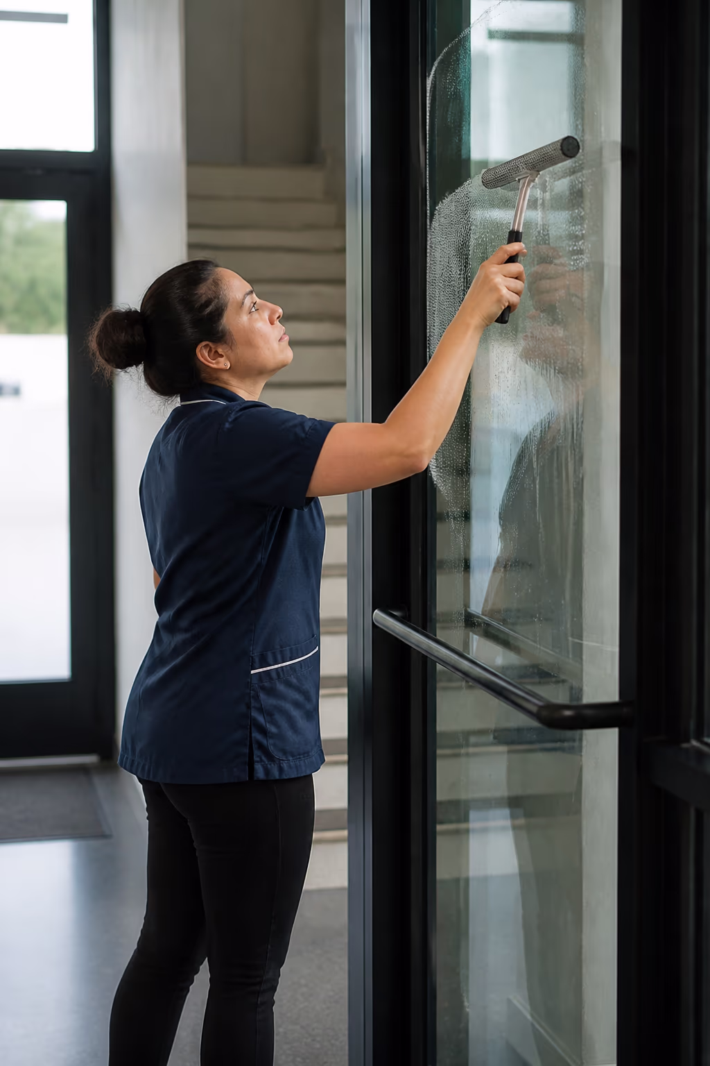 A portrait of a janitorial team member in uniform wiping a glass door in a bright Ottawa office, capturing the trained, background-checked team that carries a documented routine.