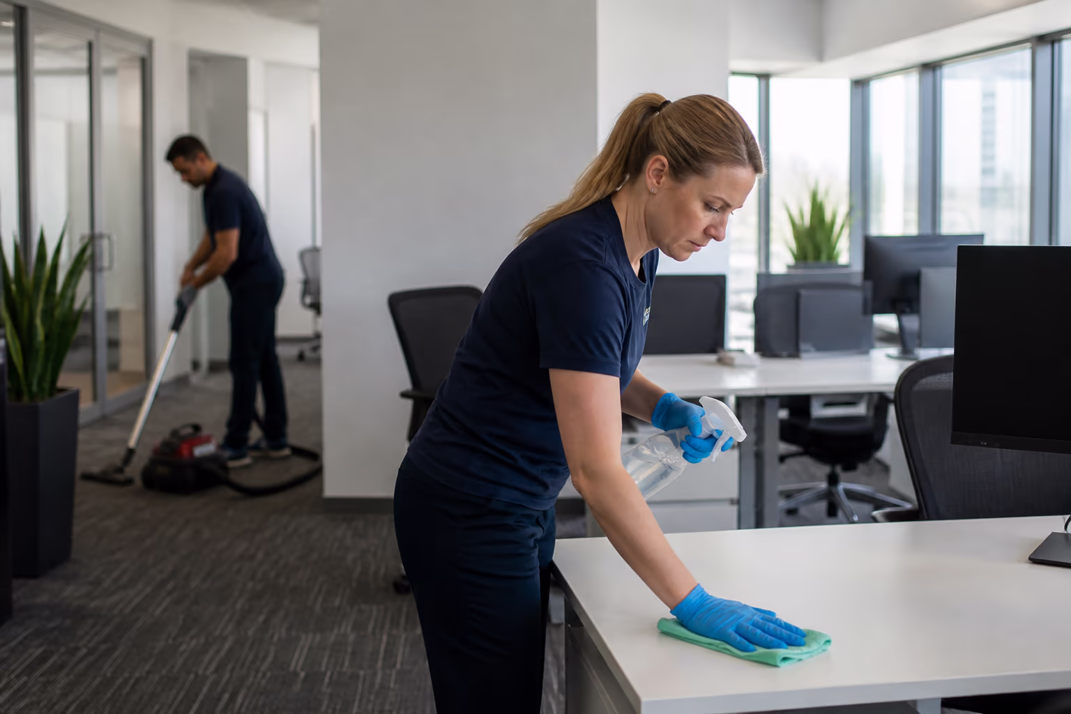 A cleaning team servicing a bright open-plan Ottawa office, capturing the trained, documented team that keeps a standard office clean consistent from one visit to the next.
