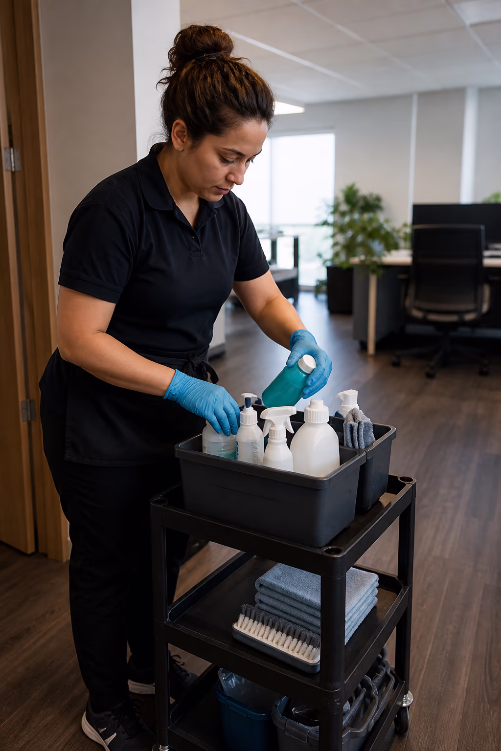 A portrait of a cleaner restocking a labelled office cleaning supply caddy with eco-friendly products, capturing the products and process that make a standard office clean safe and consistent.