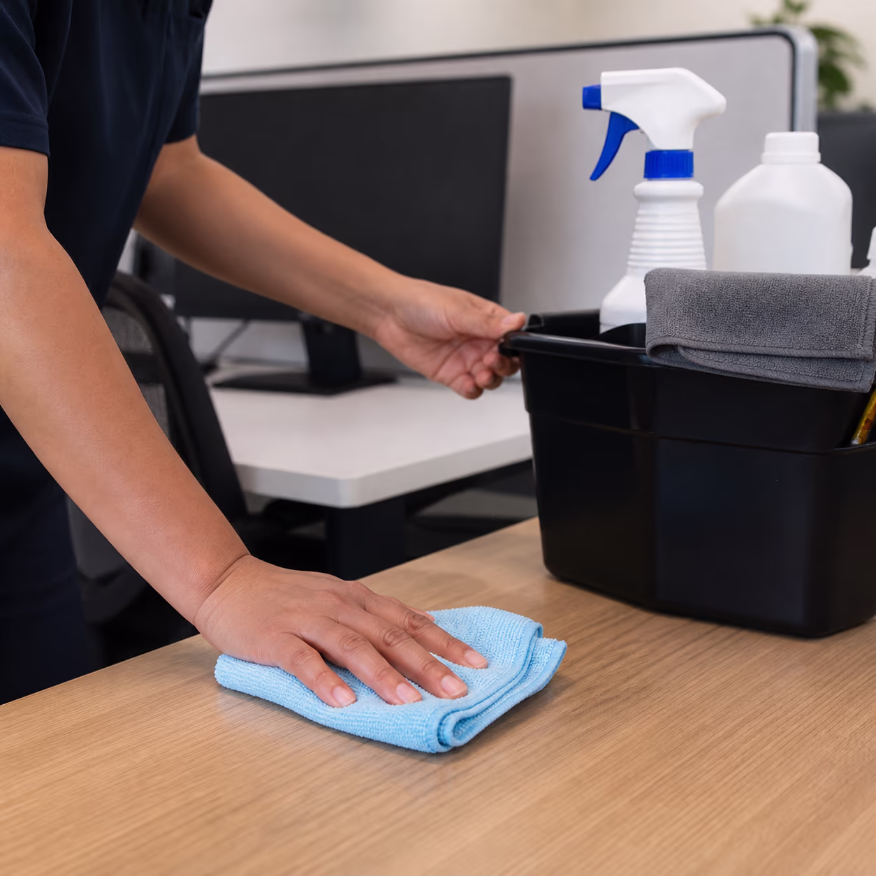 A close view of an office cleaner's hands wiping a work surface with a microfibre cloth beside a labelled supply caddy, capturing the daily routine details that keep a busy office clean and presentable.