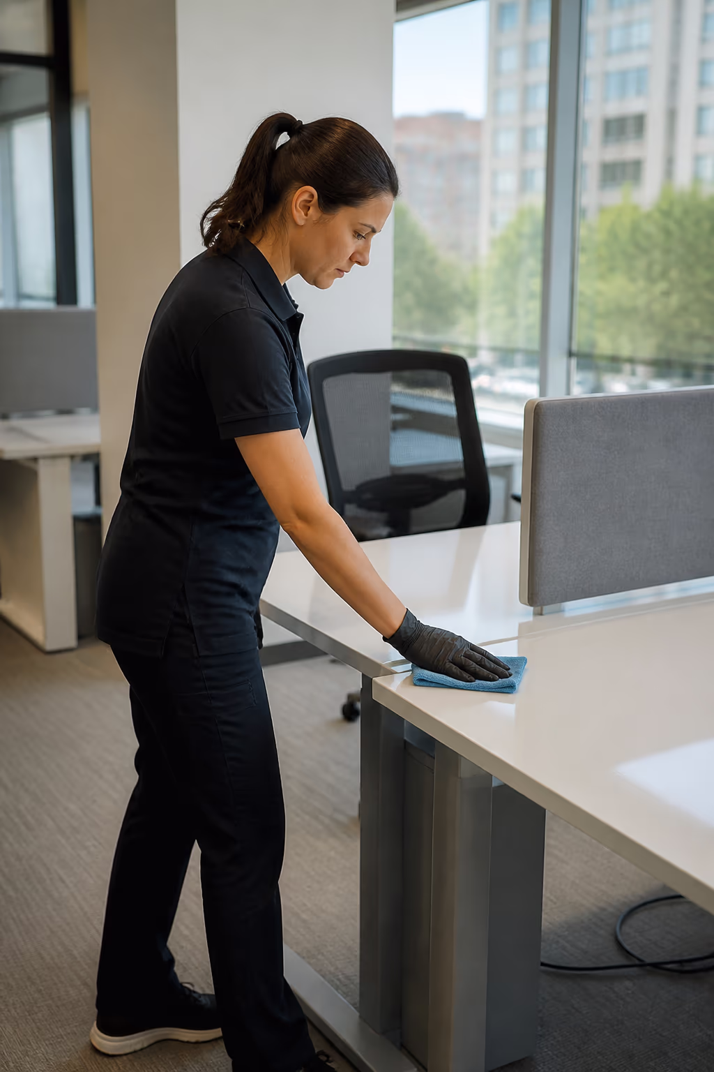 A portrait of an office cleaning team member in uniform in a bright Ottawa office, capturing the trained, background-checked team that carries a documented standard routine.