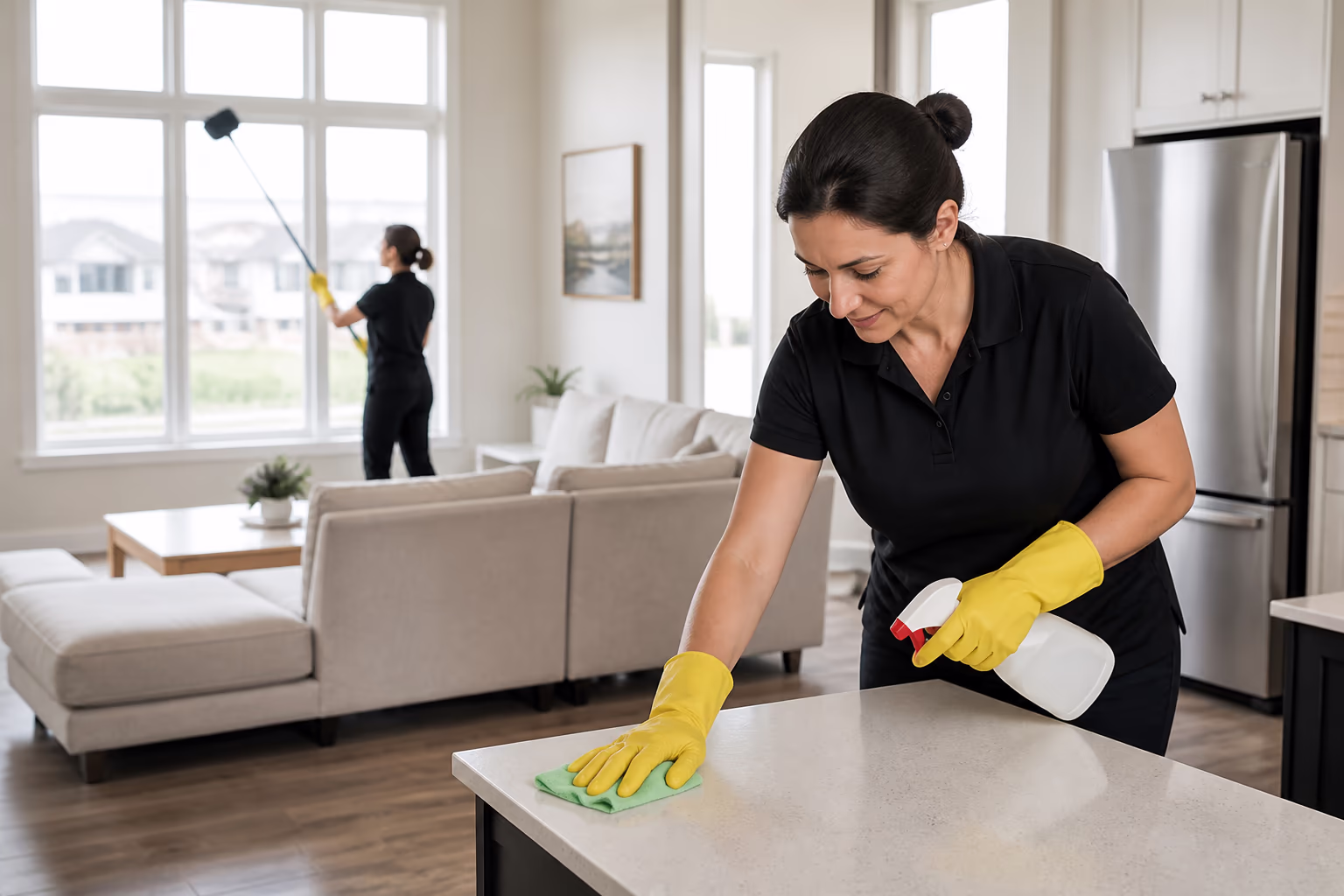 A cleaner in uniform in a bright, tidy Ottawa home, capturing the trained, reliable professional a good house cleaner should be: prepared, consistent and proud of the finished work.