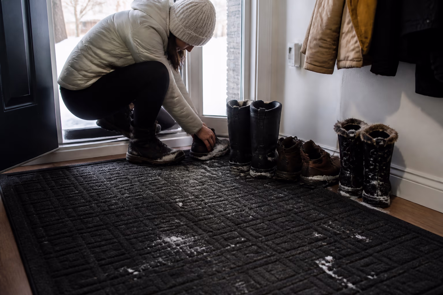 A wide view of an Ottawa home entrance in winter with a heavy mat and a stack of boots by the door, capturing the salt, sand and melted snow a good cleaner plans for in the cold months.