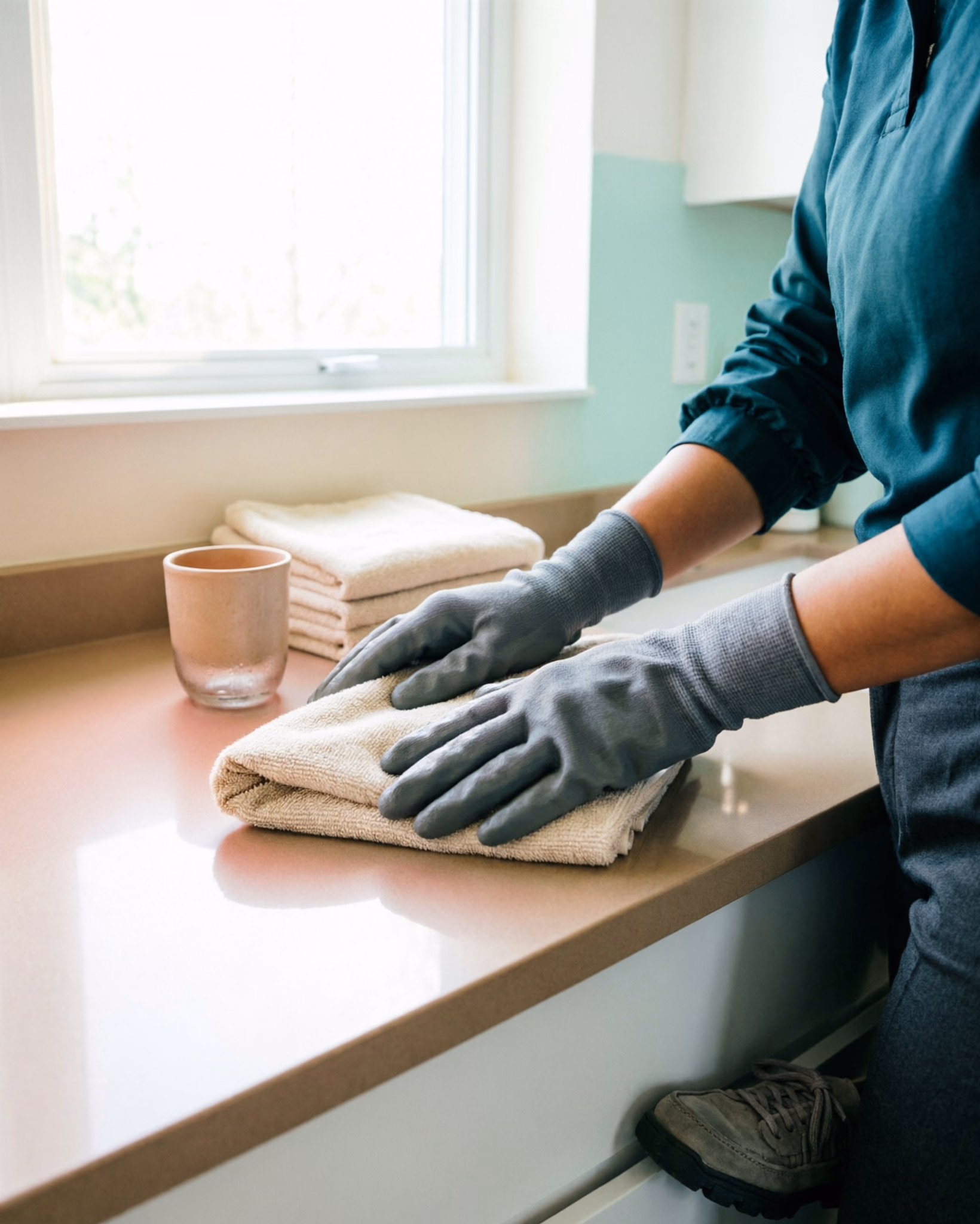 A close view of a cleaner's hands folding a towel in a bright Ottawa home, capturing the small finishing details, the tidy counter and the folded towels, that show a cleaner takes pride in the work.