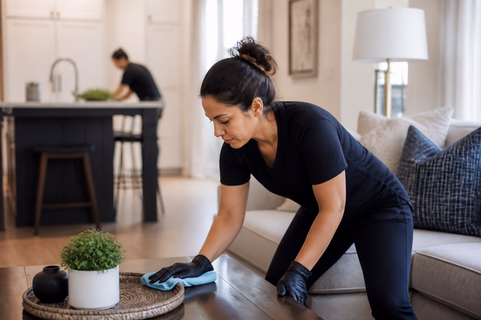A cleaning team in uniform in a bright, tidy Ottawa home, capturing the trained, reliable professional service that keeps a home clean on a schedule you choose.
