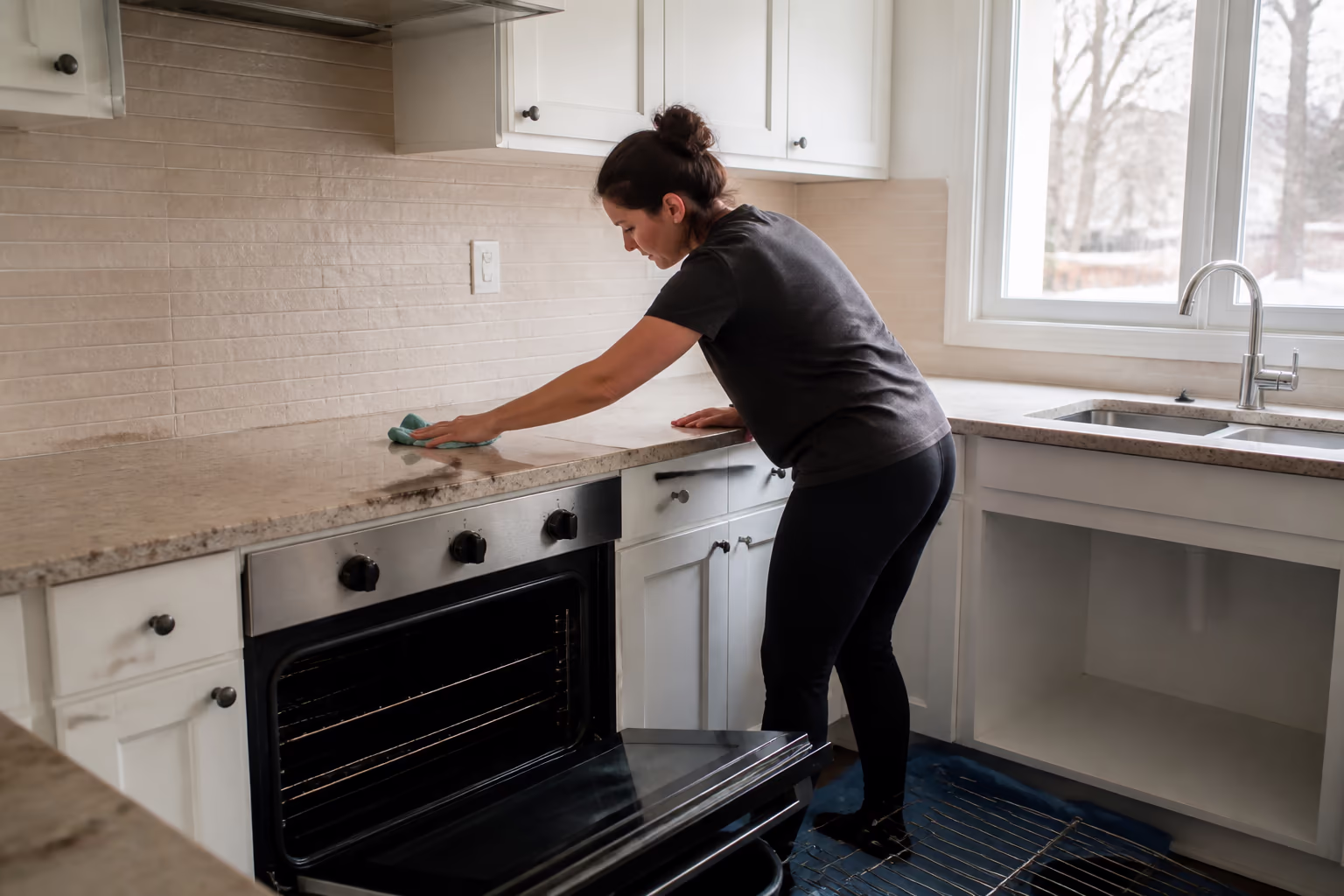 A wide view of an Ottawa home kitchen during a deep clean with the oven pulled open and the counters cleared, capturing the build-up a weekly routine misses and the seasonal reset winter salt and sand make necessary.