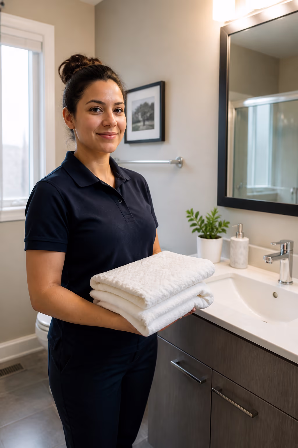A portrait of a friendly cleaner in uniform holding a folded towel beside a bright Ottawa washroom, capturing the background-checked, trained team that makes handing over a key comfortable.