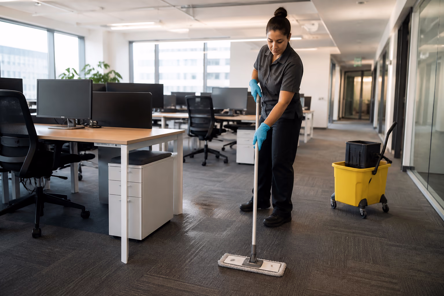 A professional cleaning team servicing an open-plan Ottawa office, wiping desks and mopping the floor, capturing the scheduled, consistent commercial cleaning that keeps a business space clean, safe and presentable.