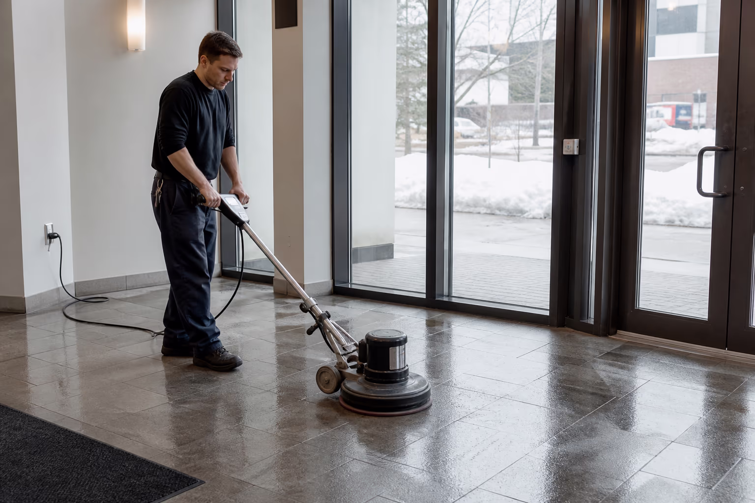 A wide view of an Ottawa office lobby being deep cleaned, with a cleaner running a floor machine over entryway tiles that carry winter salt and sand, capturing the build-up a daily pass cannot reach and the seasonal reset Ottawa winter and spring make necessary.