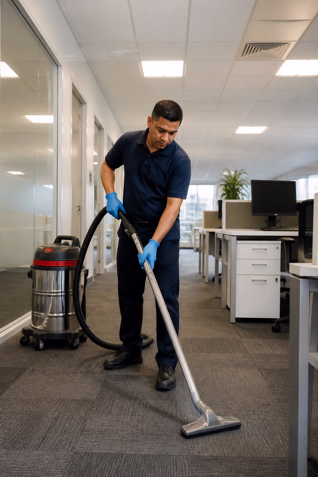 A portrait of a friendly commercial cleaner in uniform holding a clipboard beside a tidy Ottawa office, capturing the background-checked, trained team and the written scope that make commercial cleaning predictable.