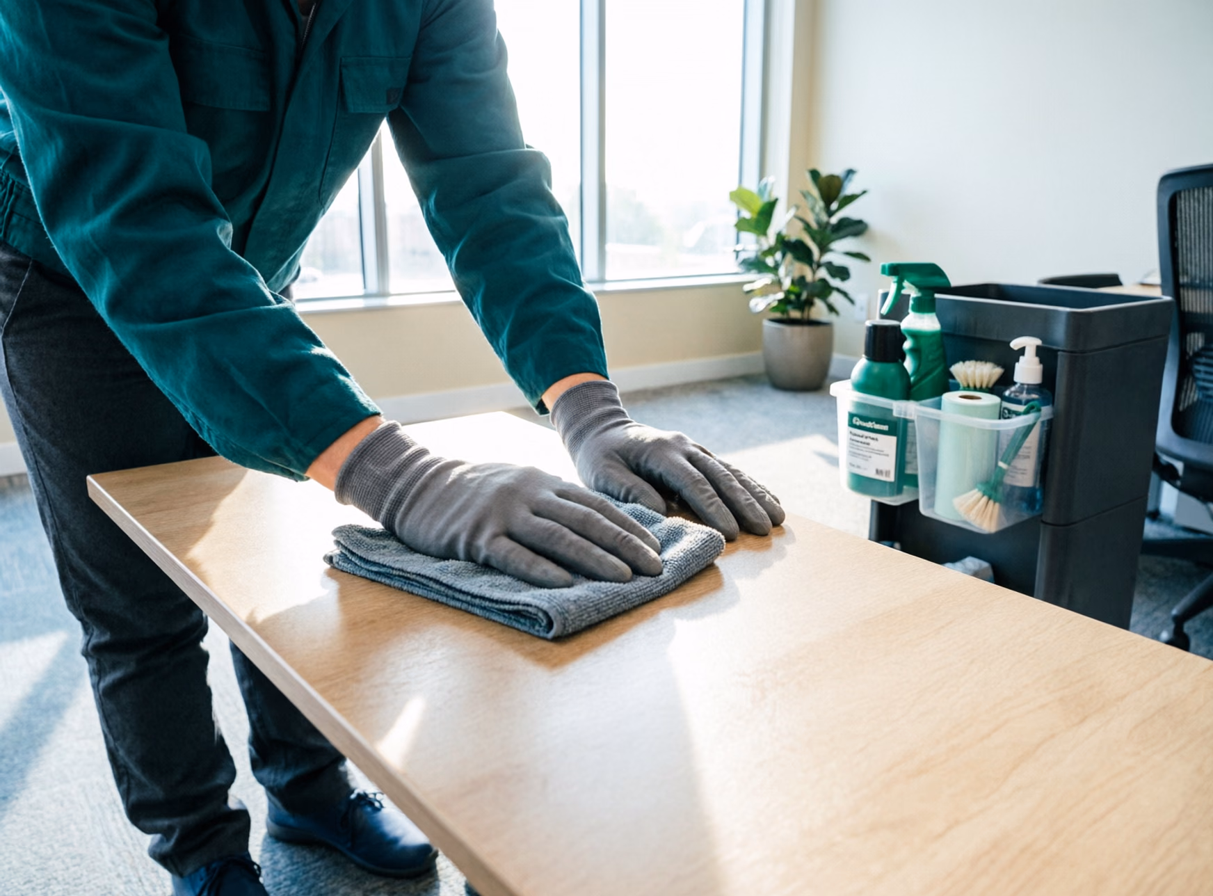 A close view of a commercial cleaner's hands wiping a high-touch office surface with a microfibre cloth beside a labelled supply caddy in a bright Ottawa office, capturing the documented routine and approved products that make a commercial cleaning service consistent visit after visit.