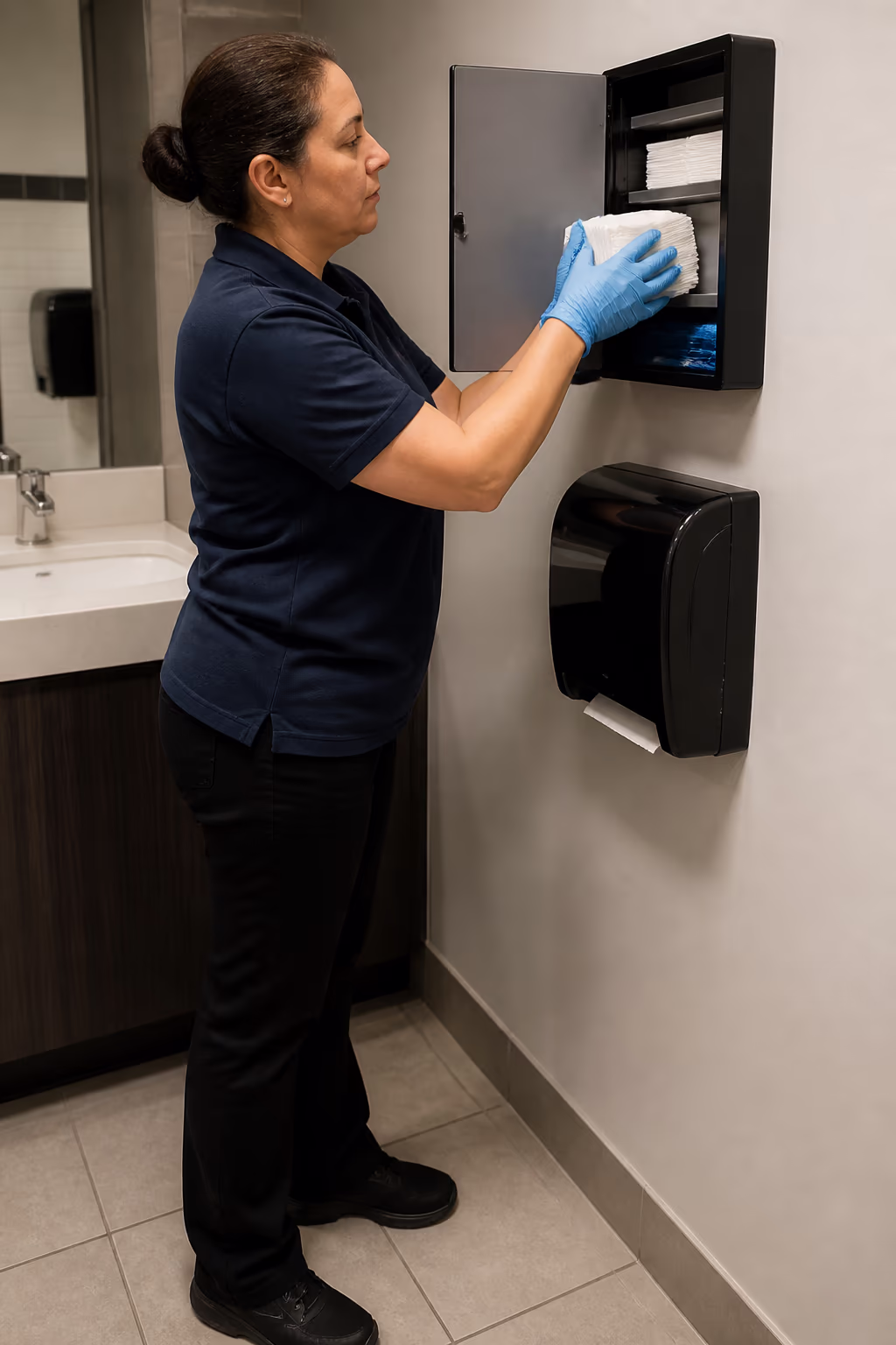 A portrait of a commercial cleaner in uniform restocking soap and paper beside a bright Ottawa office kitchenette, capturing the washroom and kitchen detail work that keeps shared spaces feeling genuinely clean.