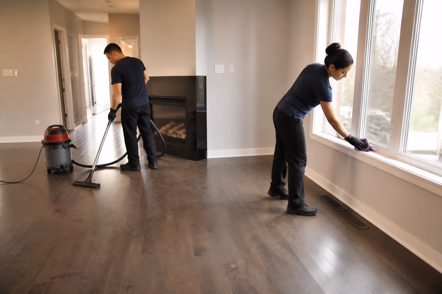 Two cleaners vacuuming and wiping down an empty Ottawa living room during a move-out clean, with floors cleared and supplies staged for the final walkthrough.