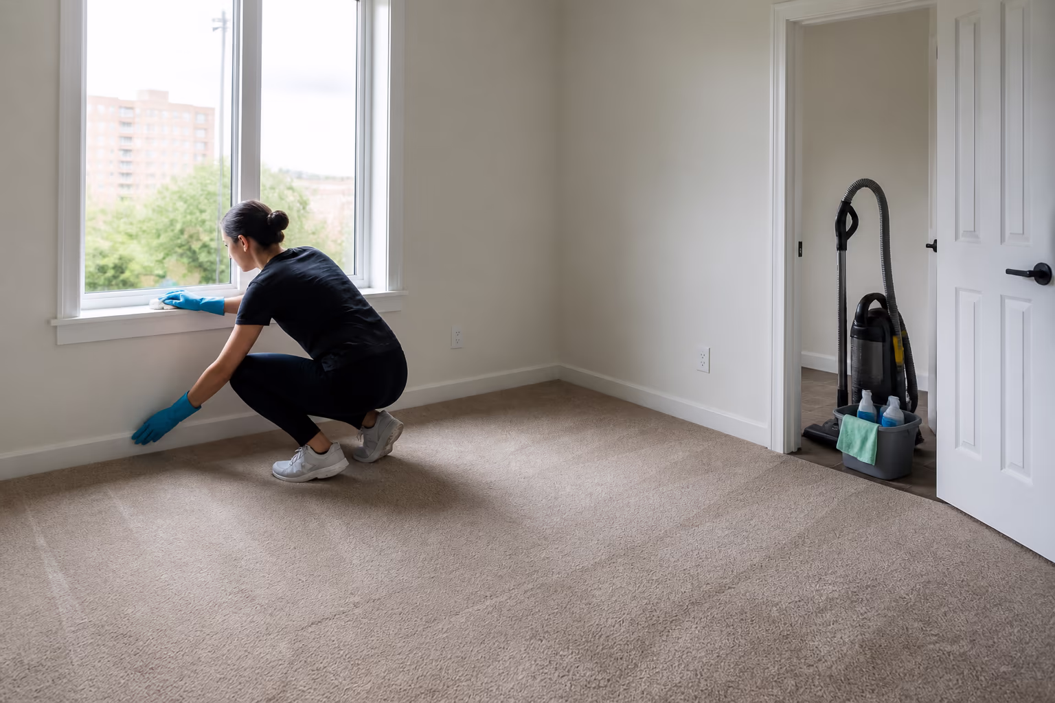 A wide view of a cleaner working top to bottom in an empty Ottawa bedroom, wiping a window sill and baseboard while a vacuum and supplies wait by the door during a step-by-step move-out clean.
