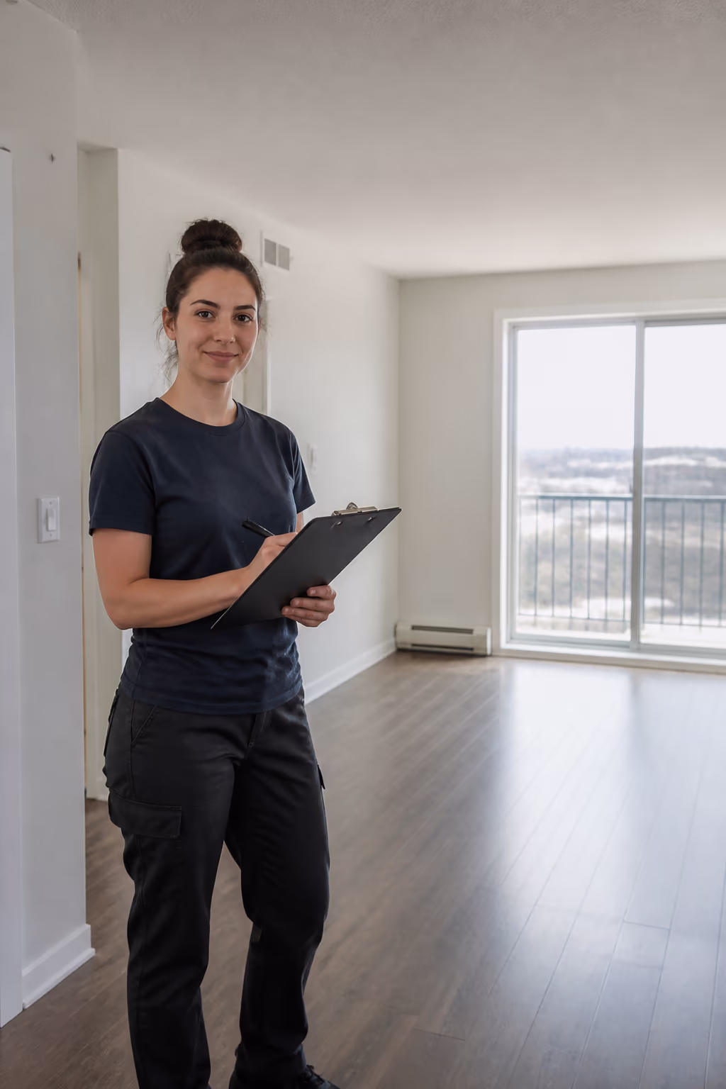 A portrait of a friendly cleaner in uniform holding a clipboard beside a tidy, empty Ottawa living room ready for handover, capturing the documented walkthrough and finished standard that protect a tenant's deposit.
