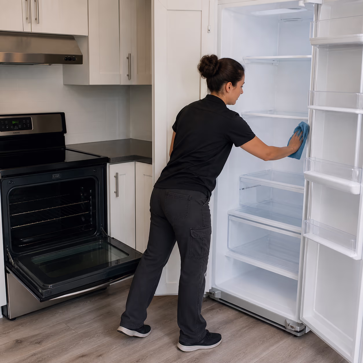 A square view of a cleaner in an empty Ottawa kitchen wiping inside the refrigerator during a move-out clean, with the oven door open and floors cleared, capturing the deep spots landlords check before the final walkthrough.