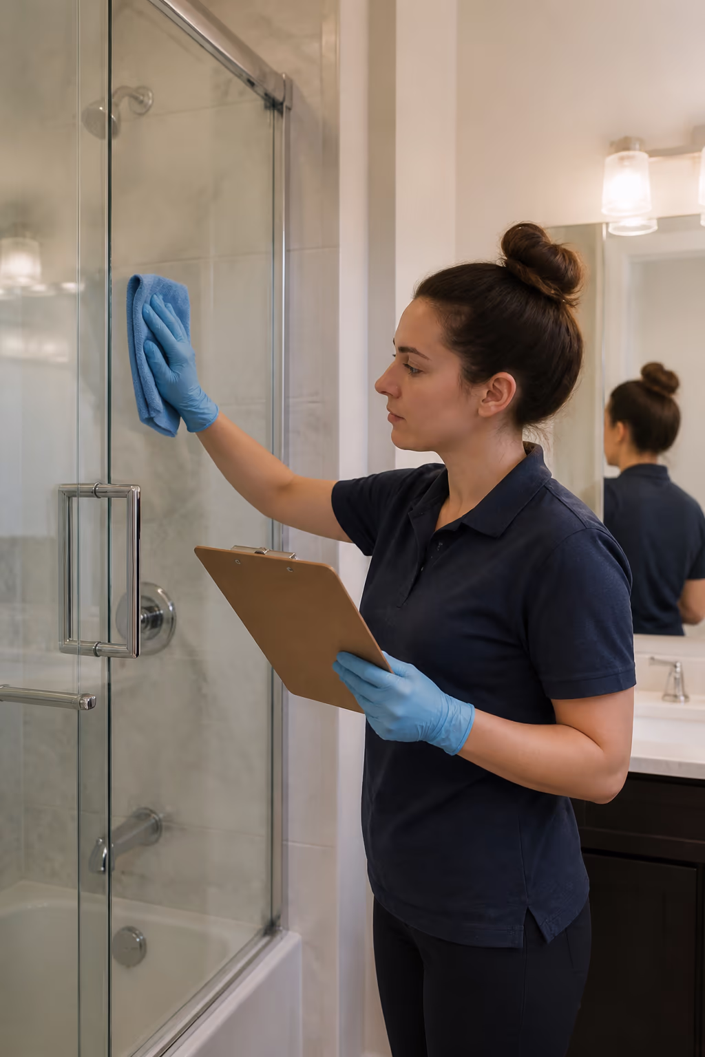 A portrait of a cleaner in uniform holding a checklist beside a freshly cleaned Ottawa bathroom, capturing the background-checked, trained team and the documented standard that make a move-out clean predictable.